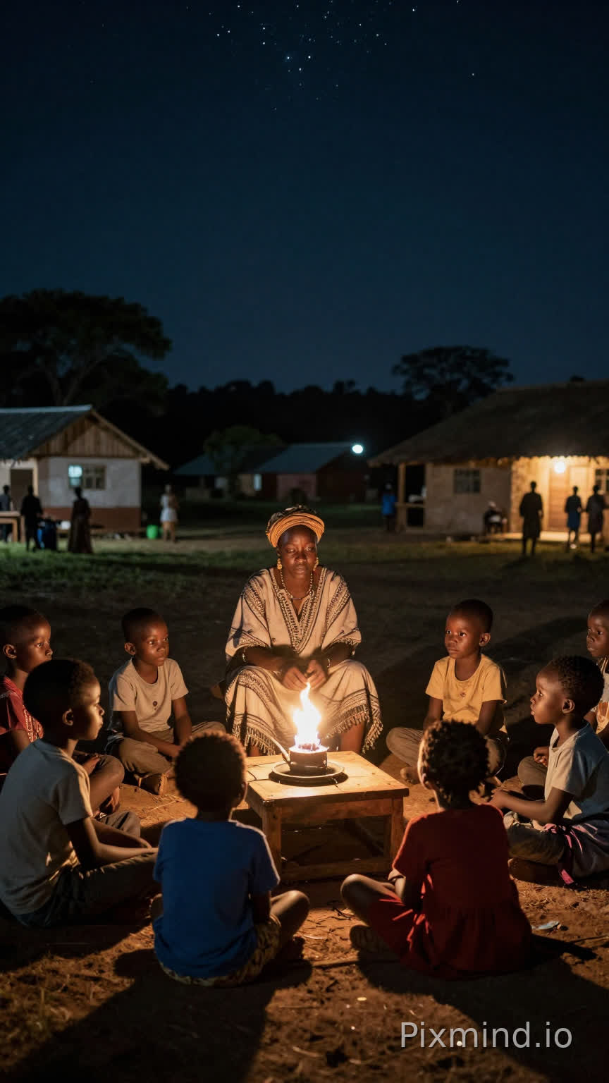 camp la nuit, racontant une histoire à des enfants attentifs, ambiance chaleureuse, village en arrière-plan, nuit étoilée, cinematic lighting, african storytelling, ultra realistic, 4k