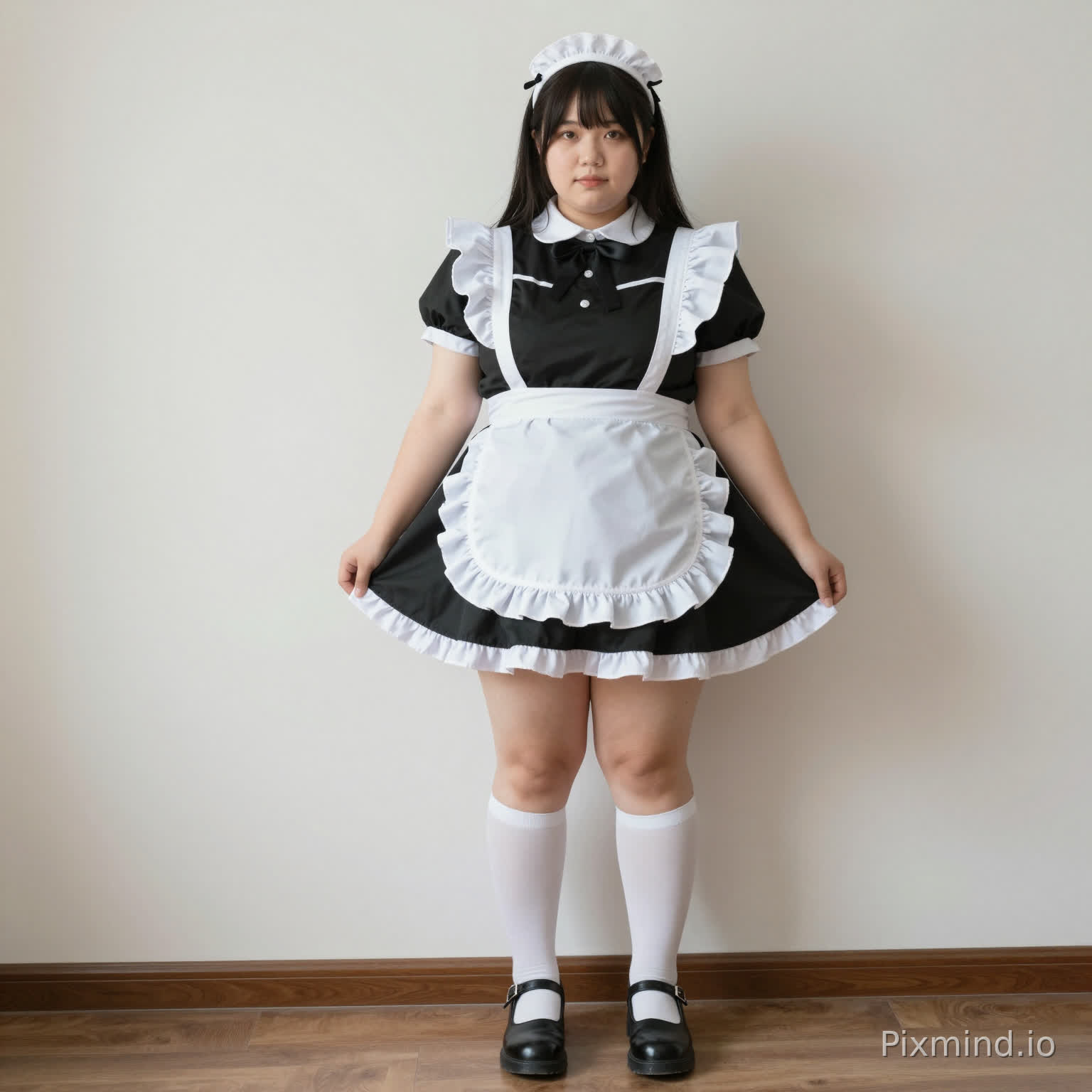Make me an image of an obese very very obese and realistic femboy wearing a maid costume. Full body and face