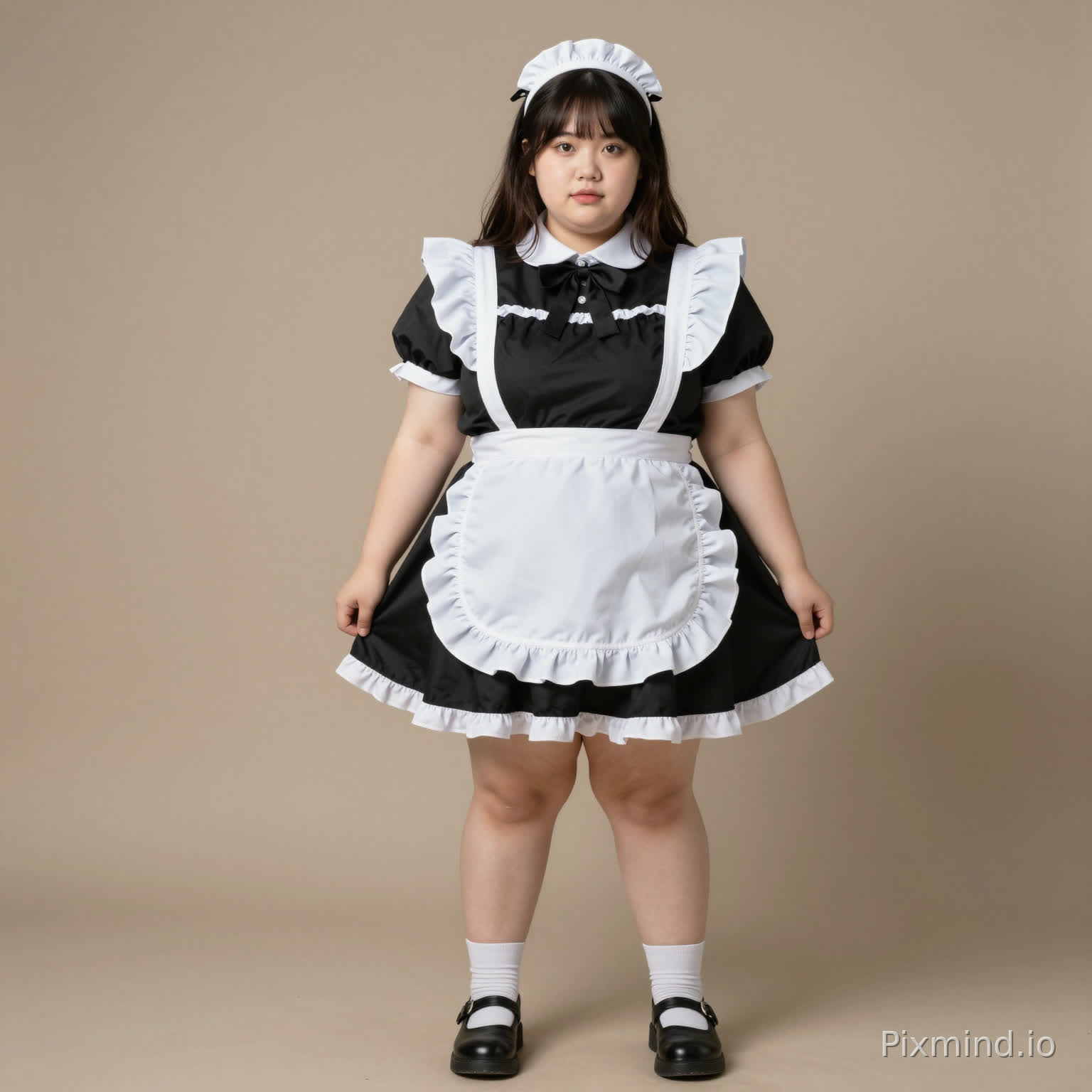 Make me an image of an obese very very obese and realistic femboy wearing a maid costume. Full body and face. Make it more femboy and more obese