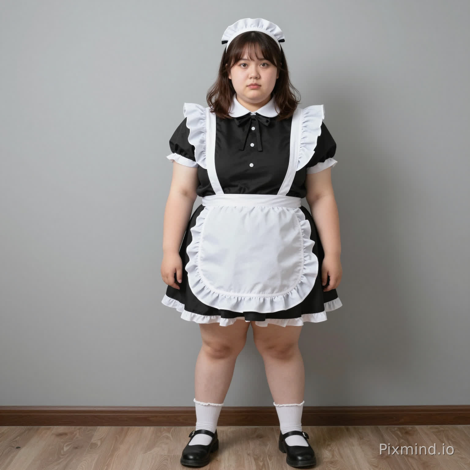 Make me an image of an obese very very obese and realistic femboy wearing a maid costume. Full body and face. Make it more femboy and more obese. Make it dumb