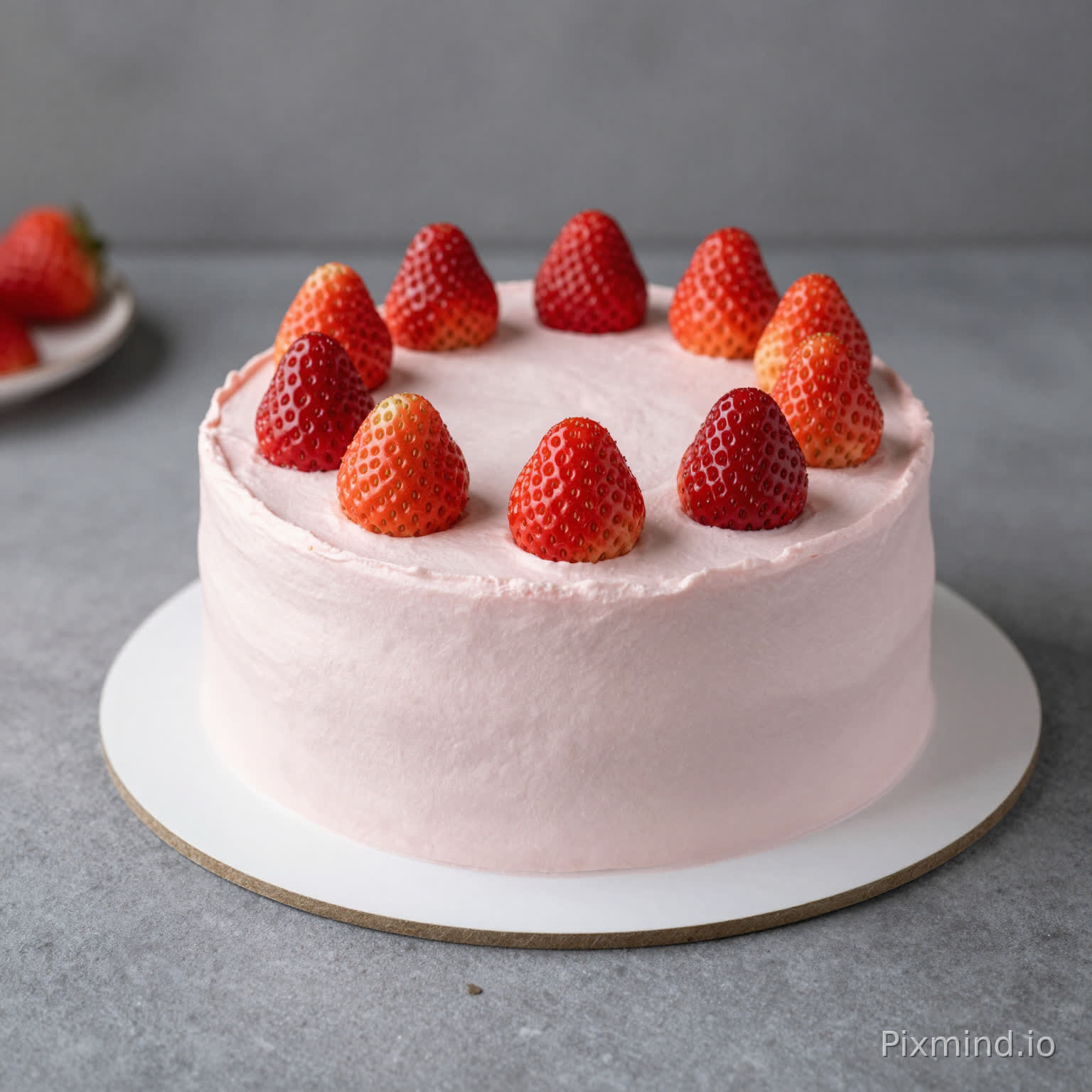 a side view of a round cake without any design just plain strawberry cake(just icing not the strawberry)