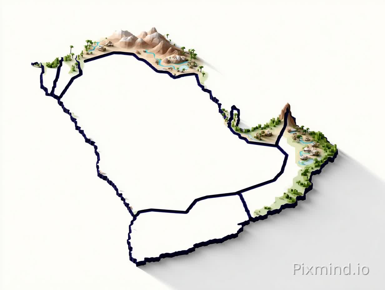 A premium stylized 3D mobile game world map of Saudi Arabia ONLY.
The landmass MUST be the exact silhouette of Saudi Arabia (do not change shape).
The island is softly color-zoned into EXACTLY 8 pastel regions representing multiple intelligences.
IMPORTANT COLOR RULES:
- EXACTLY 8 zones ONLY (no more, no less).
- The zones must blend smoothly like airbrush gradients.
- NO borders, NO outlines, NO region lines, NO administrative divisions.
- The transitions between colors are soft and invisible.
- Each zone has a unique pastel tone (no repeated colors).
STYLE:
- Smooth anime-inspired game map style (Unity adventure map look).
- Not realistic, not photographic, not political map.
- Very clean, soft shading, minimal details, elegant.
GEOGRAPHY ACCURACY (Saudi terrain):
- West: soft Hijaz mountains (small smooth ridges).
- Southwest: small green palms/oasis hints.
- Central: light sandy Najd desert.
- South: empty Rub al Khali dunes.
- East: flatter desert/coastal feel.
Everything simplified and subtle.
LANDMARKS (tiny only):
Add only a few very small Saudi cultural hints:
- small palm clusters
- tiny Najdi fort silhouette
- tiny mosque dome silhouette
All landmarks must be very small and sparse.
OCEAN:
Deep elegant blue sea like a mobile game map, soft cartoon waves, subtle shoreline glow.
STRICTLY FORBIDDEN:
- Any borders or lines between zones
- More than 8 regions
- Political divisions
- Text or labels
- Extra countries or peninsula
High resolution, smooth, polished, kid-friendly game concept art.
premium anime-style 3D mobile game map of Saudi Arabia ONLY, soft pastel color wash with EXACTLY 8 blended intelligence zones, NO borders, NO outlines, smooth gradient transitions, minimal Saudi terrain hints (Hijaz mountains, Najd desert dunes, palm oases), tiny cultural landmarks only, deep elegant blue ocean with soft cartoon waves, clean Unity adventure map style, no text, no extra land --v 6.1 --style raw --ar 1:1 --s 180 --chaos 2