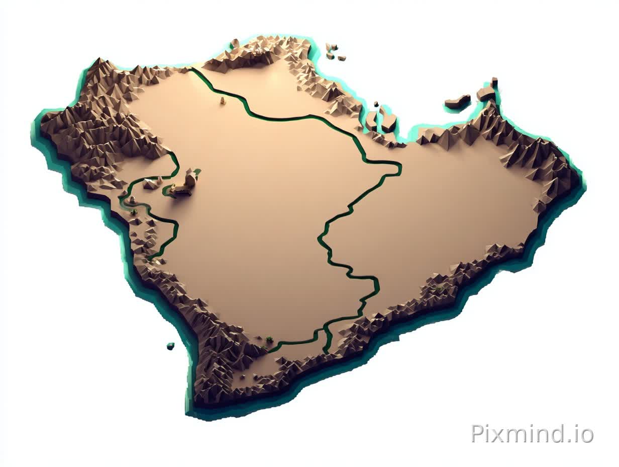 A premium stylized 3D mobile game world map of Saudi Arabia ONLY.
The landmass MUST be the exact silhouette of Saudi Arabia (do not change shape).
The island is softly color-zoned into EXACTLY 8 pastel regions representing multiple intelligences.
IMPORTANT COLOR RULES:
- EXACTLY 8 zones ONLY (no more, no less).
- The zones must blend smoothly like airbrush gradients.
- NO borders, NO outlines, NO region lines, NO administrative divisions.
- The transitions between colors are soft and invisible.
- Each zone has a unique pastel tone (no repeated colors).
STYLE:
- Smooth anime-inspired game map style (Unity adventure map look).
- Not realistic, not photographic, not political map.
- Very clean, soft shading, minimal details, elegant.
GEOGRAPHY ACCURACY (Saudi terrain):
- West: soft Hijaz mountains (small smooth ridges).
- Southwest: small green palms/oasis hints.
- Central: light sandy Najd desert.
- South: empty Rub al Khali dunes.
- East: flatter desert/coastal feel.
Everything simplified and subtle.
LANDMARKS (tiny only):
Add only a few very small Saudi cultural hints:
- small palm clusters
- tiny Najdi fort silhouette
- tiny mosque dome silhouette
All landmarks must be very small and sparse.
OCEAN:
Deep elegant blue sea like a mobile game map, soft cartoon waves, subtle shoreline glow.
STRICTLY FORBIDDEN:
- Any borders or lines between zones
- More than 8 regions
- Political divisions
- Text or labels
- Extra countries or peninsula
High resolution, smooth, polished, kid-friendly game concept art.
premium anime-style 3D mobile game map of Saudi Arabia ONLY, soft pastel color wash with EXACTLY 8 blended intelligence zones, NO borders, NO outlines, smooth gradient transitions, minimal Saudi terrain hints (Hijaz mountains, Najd desert dunes, palm oases), tiny cultural landmarks only, deep elegant blue ocean with soft cartoon waves, clean Unity adventure map style, no text, no extra land --v 6.1 --style raw --ar 1:1 --s 180 --chaos 2