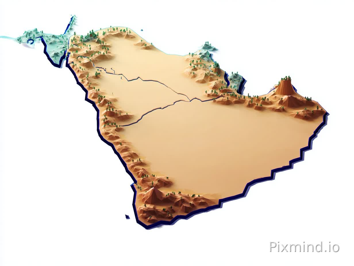 A premium stylized 3D mobile game world map of Saudi Arabia ONLY.
The landmass MUST be the exact silhouette of Saudi Arabia (do not change shape).
The island is softly color-zoned into EXACTLY 8 pastel regions representing multiple intelligences.
IMPORTANT COLOR RULES:
- EXACTLY 8 zones ONLY (no more, no less).
- The zones must blend smoothly like airbrush gradients.
- NO borders, NO outlines, NO region lines, NO administrative divisions.
- The transitions between colors are soft and invisible.
- Each zone has a unique pastel tone (no repeated colors).
STYLE:
- Smooth anime-inspired game map style (Unity adventure map look).
- Not realistic, not photographic, not political map.
- Very clean, soft shading, minimal details, elegant.
GEOGRAPHY ACCURACY (Saudi terrain):
- West: soft Hijaz mountains (small smooth ridges).
- Southwest: small green palms/oasis hints.
- Central: light sandy Najd desert.
- South: empty Rub al Khali dunes.
- East: flatter desert/coastal feel.
Everything simplified and subtle.
LANDMARKS (tiny only):
Add only a few very small Saudi cultural hints:
- small palm clusters
- tiny Najdi fort silhouette
- tiny mosque dome silhouette
All landmarks must be very small and sparse.
OCEAN:
Deep elegant blue sea like a mobile game map, soft cartoon waves, subtle shoreline glow.
STRICTLY FORBIDDEN:
- Any borders or lines between zones
- More than 8 regions
- Political divisions
- Text or labels
- Extra countries or peninsula
High resolution, smooth, polished, kid-friendly game concept art.
premium anime-style 3D mobile game map of Saudi Arabia ONLY, soft pastel color wash with EXACTLY 8 blended intelligence zones, NO borders, NO outlines, smooth gradient transitions, minimal Saudi terrain hints (Hijaz mountains, Najd desert dunes, palm oases), tiny cultural landmarks only, deep elegant blue ocean with soft cartoon waves, clean Unity adventure map style, no text, no extra land --v 6.1 --style raw --ar 1:1 --s 180 --chaos 2