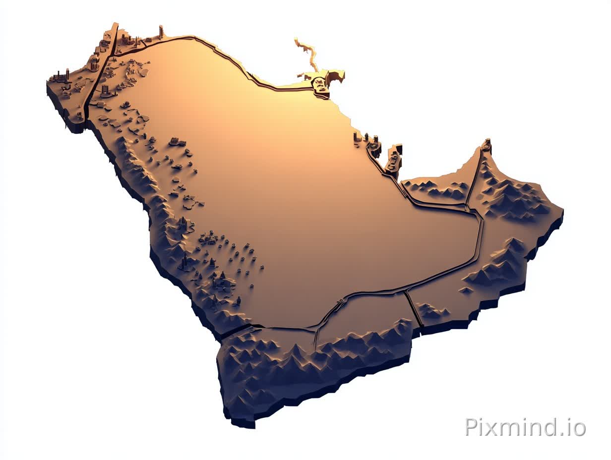 A premium stylized 3D mobile game world map of Saudi Arabia ONLY.
The landmass MUST be the exact silhouette of Saudi Arabia (do not change shape).
The island is softly color-zoned into EXACTLY 8 pastel regions representing multiple intelligences.
IMPORTANT COLOR RULES:
- EXACTLY 8 zones ONLY (no more, no less).
- The zones must blend smoothly like airbrush gradients.
- NO borders, NO outlines, NO region lines, NO administrative divisions.
- The transitions between colors are soft and invisible.
- Each zone has a unique pastel tone (no repeated colors).
STYLE:
- Smooth anime-inspired game map style (Unity adventure map look).
- Not realistic, not photographic, not political map.
- Very clean, soft shading, minimal details, elegant.
GEOGRAPHY ACCURACY (Saudi terrain):
- West: soft Hijaz mountains (small smooth ridges).
- Southwest: small green palms/oasis hints.
- Central: light sandy Najd desert.
- South: empty Rub al Khali dunes.
- East: flatter desert/coastal feel.
Everything simplified and subtle.
LANDMARKS (tiny only):
Add only a few very small Saudi cultural hints:
- small palm clusters
- tiny Najdi fort silhouette
- tiny mosque dome silhouette
All landmarks must be very small and sparse.
OCEAN:
Deep elegant blue sea like a mobile game map, soft cartoon waves, subtle shoreline glow.
STRICTLY FORBIDDEN:
- Any borders or lines between zones
- More than 8 regions
- Political divisions
- Text or labels
- Extra countries or peninsula
High resolution, smooth, polished, kid-friendly game concept art.
premium anime-style 3D mobile game map of Saudi Arabia ONLY, soft pastel color wash with EXACTLY 8 blended intelligence zones, NO borders, NO outlines, smooth gradient transitions, minimal Saudi terrain hints (Hijaz mountains, Najd desert dunes, palm oases), tiny cultural landmarks only, deep elegant blue ocean with soft cartoon waves, clean Unity adventure map style, no text, no extra land --v 6.1 --style raw --ar 1:1 --s 180 --chaos 2
