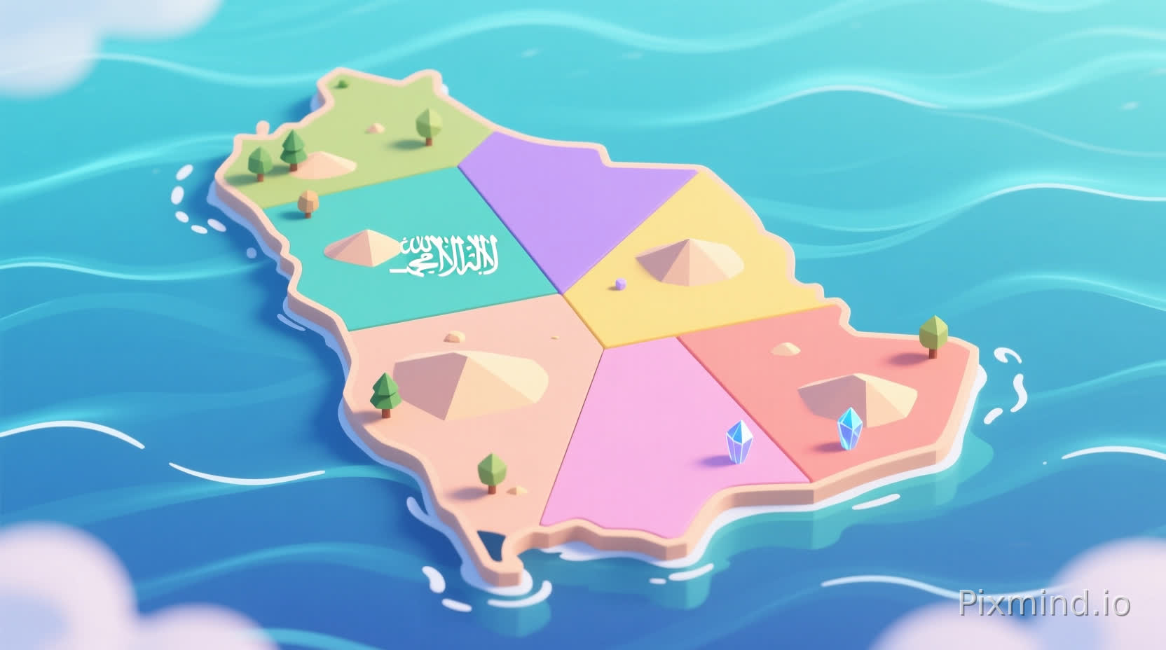A high-quality cartoon-style mobile game world map, shaped exactly like the Saudi Arabia silhouette, in a long and wide horizontal composition.
The Saudi landmass is naturally emerging from and connected to the ocean, not floating above it. The shoreline is smooth and soft, blending seamlessly with the water.
Surrounding the land is a beautiful, clean ocean that fills the entire background.
The ocean features gentle, cute anime-style wave patterns, smooth gradients, and a polished look.
The water gradually becomes darker toward the edges of the image, creating depth and focus toward the center.
No clouds, no fog, no borders, no decorations.
Divide the Saudi map into 8 softly blended regions with no hard borders, using smooth color transitions.
Each region is tinted with soft pastel colors inspired by: teal, lavender, yellow, peach, pink, and coral.
Inside each region, add very minimal low-poly terrain elements (small dunes, gentle hills, tiny trees, simple crystals).
Keep landmarks sparse, cute, and uncluttered.
Art style: modern mobile adventure game map, fully cartoon, smooth, flowing, slightly anime-inspired, suitable for children ages 6–9.
Polished, friendly, and playful.
Camera angle: slightly tilted top-down, consistent and clean.
Background: only ocean, no UI, no text, no labels, no characters.