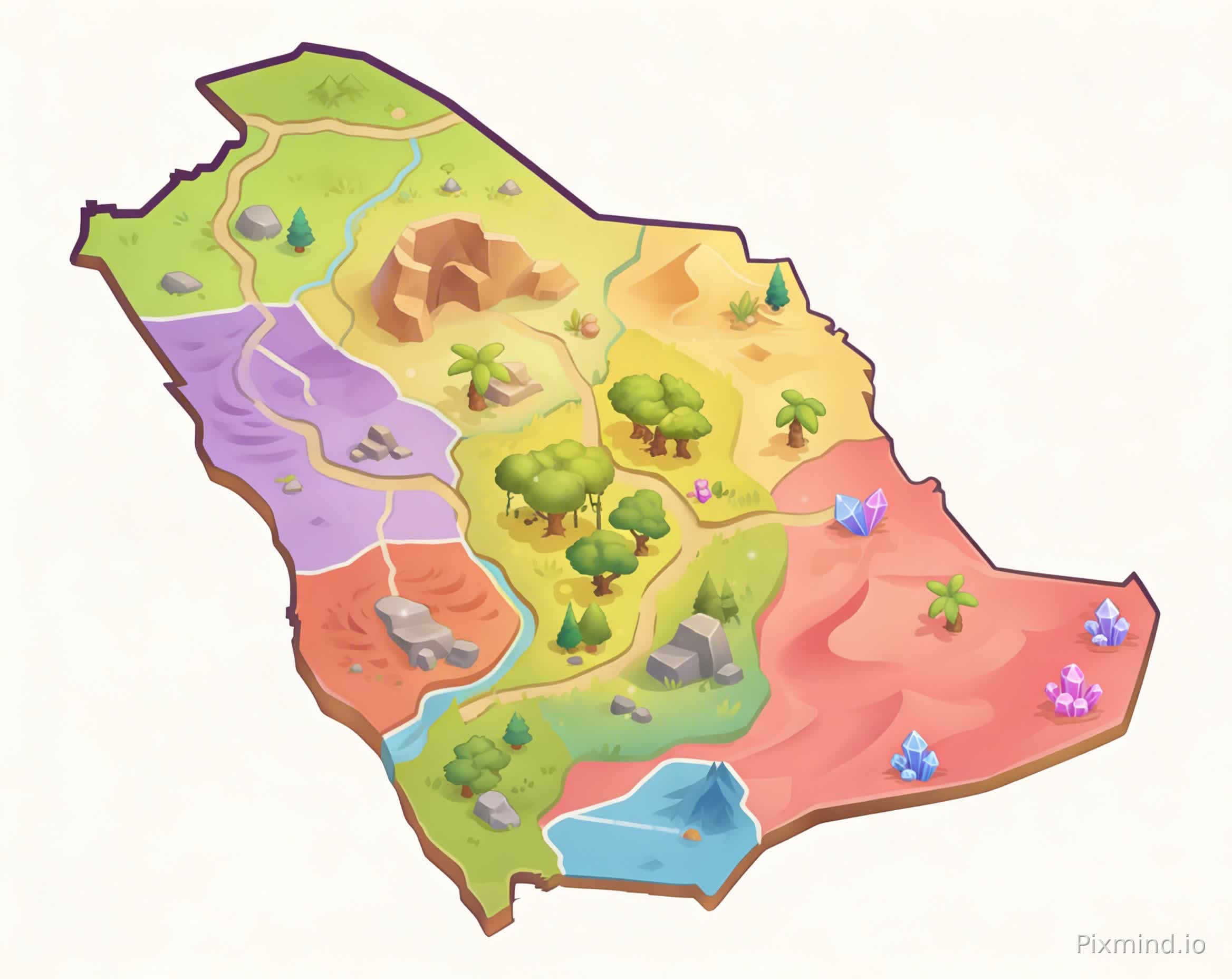 ๐จ Simple Style-Matching Game Map Prompt
Using the two uploaded character images as the main art style reference, and the uploaded Saudi Arabia map image as the shape reference, create a game-style world map shaped exactly like the Saudi Arabia silhouette.
Draw the map in the same visual style, line quality, colors, shading, and mood as the characters (anime / cartoon game style).
The map must feel like it belongs to the same game universe as the characters.
The Saudi map is a single unified landmass, naturally designed as 8 conceptual areas, each visually representing one of the 8 intelligences through:
terrain design
landmarks
colors
environment details
No borders, no lines, no labels โ the intelligences are shown visually only, not explained with text.
Add game-friendly environment elements (paths, hills, dunes, trees, crystals, symbolic shapes) that match the character art style and scale.
The map should be:
professional and polished
readable and clear
suitable as a game world map or background
visually rich but not cluttered
Allow depth and elevation in the terrain to give a premium game feel.
Background is minimal and clean, with the map as the clear focus.
๐ซ Restrictions
No text
No UI
No logos
No characters drawn on the map