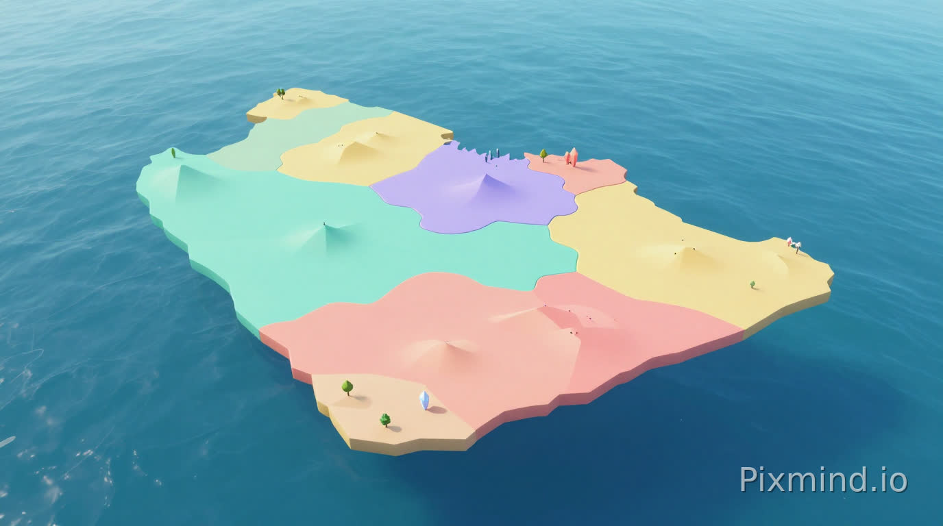 A high-quality cartoon game-style map shaped exactly like the Saudi Arabia silhouette, long and wide horizontal composition.
The map is floating like an island in a vast beautiful ocean that extends to the edges of the image.
The ocean should be clean, smooth, and professional with gentle wave lines and soft gradients, no clouds, no fog, no border decorations.
Divide the Saudi map into 8 soft blended regions, each region tinted with pastel colors inspired by the provided palette (teal, lavender, yellow, peach, pink, coral).
Remove hard borders, use smooth transitions between regions.
Simple low-poly terrain landmarks inside each region (small hills, dunes, trees, crystals) but minimal and not cluttered.
Modern mobile adventure game world map style, polished, cute, suitable for children age 6–9.
Same camera angle and orientation as the reference image (slightly tilted top-down).
Clean background, only ocean surrounding the map.
No text, no labels, no UI, no characters.
this is a game map for gamers make it professional