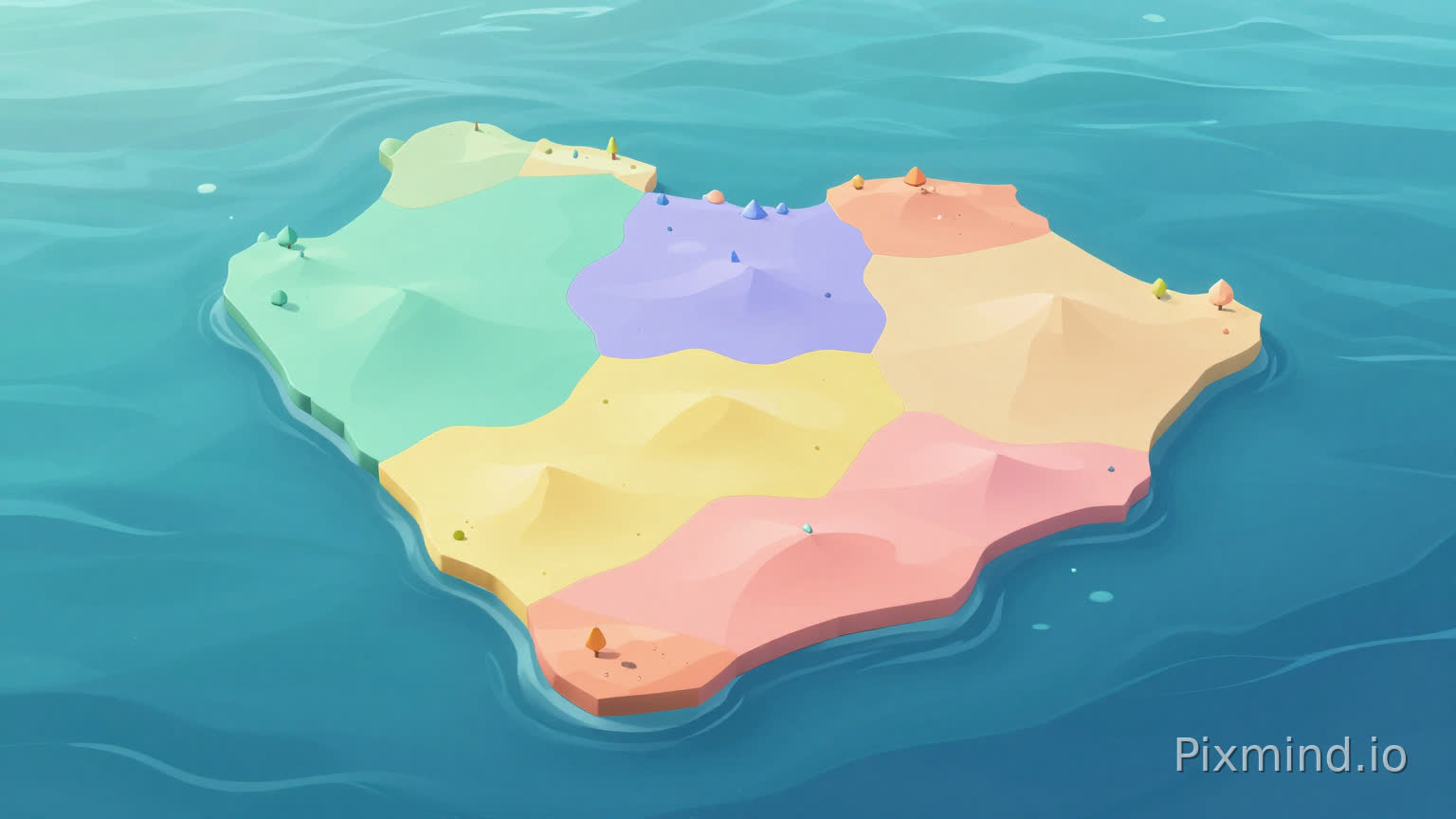 A high-quality cartoon-style mobile game world map, shaped exactly like the Saudi Arabia silhouette, in a long and wide horizontal composition.
The Saudi landmass is naturally emerging from and connected to the ocean, not floating above it. The shoreline is smooth and soft, blending seamlessly with the water.
Surrounding the land is a beautiful, clean ocean that fills the entire background.
The ocean features gentle, cute anime-style wave patterns, smooth gradients, and a polished look.
The water gradually becomes darker toward the edges of the image, creating depth and focus toward the center.
No clouds, no fog, no borders, no decorations.
Divide the Saudi map into 8 softly blended regions with no hard borders, using smooth color transitions.
Each region is tinted with soft pastel colors inspired by: teal, lavender, yellow, peach, pink, and coral.
Inside each region, add very minimal low-poly terrain elements (small dunes, gentle hills, tiny trees, simple crystals).
Keep landmarks sparse, cute, and uncluttered.
Art style: modern mobile adventure game map, fully cartoon, smooth, flowing, slightly anime-inspired, suitable for children ages 6–9.
Polished, friendly, and playful.
Camera angle: slightly tilted top-down, consistent and clean.
Background: only ocean, no UI, no text, no labels, no characters.
