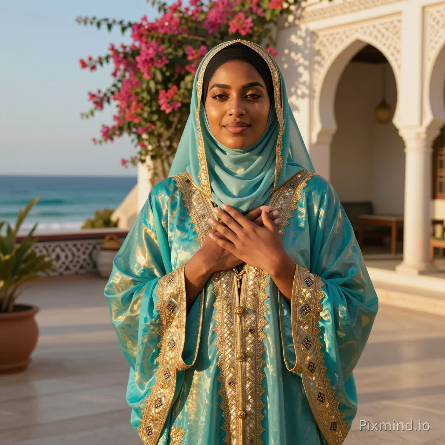 A dignified and graceful Somali woman offering a warm gesture of greeting, wearing a vibrant, iridescent turquoise and gold Dirac with intricate embroidery and a sheer matching shawl, her expression embodying peace and well-being ("cafimaad"), soft natural makeup highlighting glowing skin, hand gently placed over the heart in a traditional sign of respect and sincerity. The background features a sun-drenched coastal courtyard in Mogadishu with whitewashed Islamic geometric archways, lush pink bougainvillea flowers, and a glimpse of the azure Indian Ocean. Style of National Geographic editorial photography, cinematic golden hour lighting casting soft shadows, rich textures, warm color palette, 85mm lens, depth of field, 8k resolution, masterpiece, ultra-detailed, photorealistic, culturally authentic.