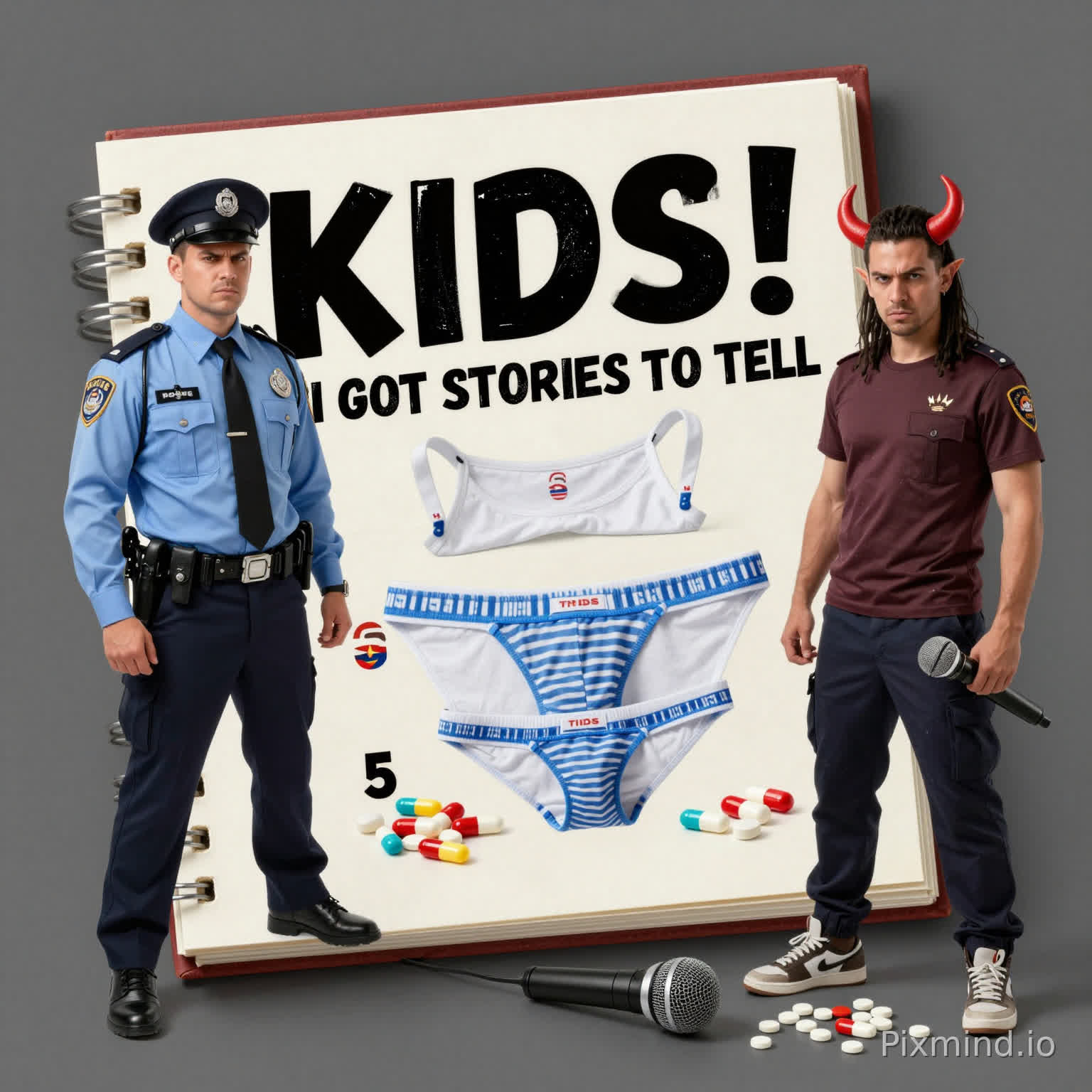i want a rap album cover called KIDS ! I GOT STORIES TO TELL its 5 tracks every track tale a tales i want big book that have a angry policeman and underwears and pills and a mic and demon