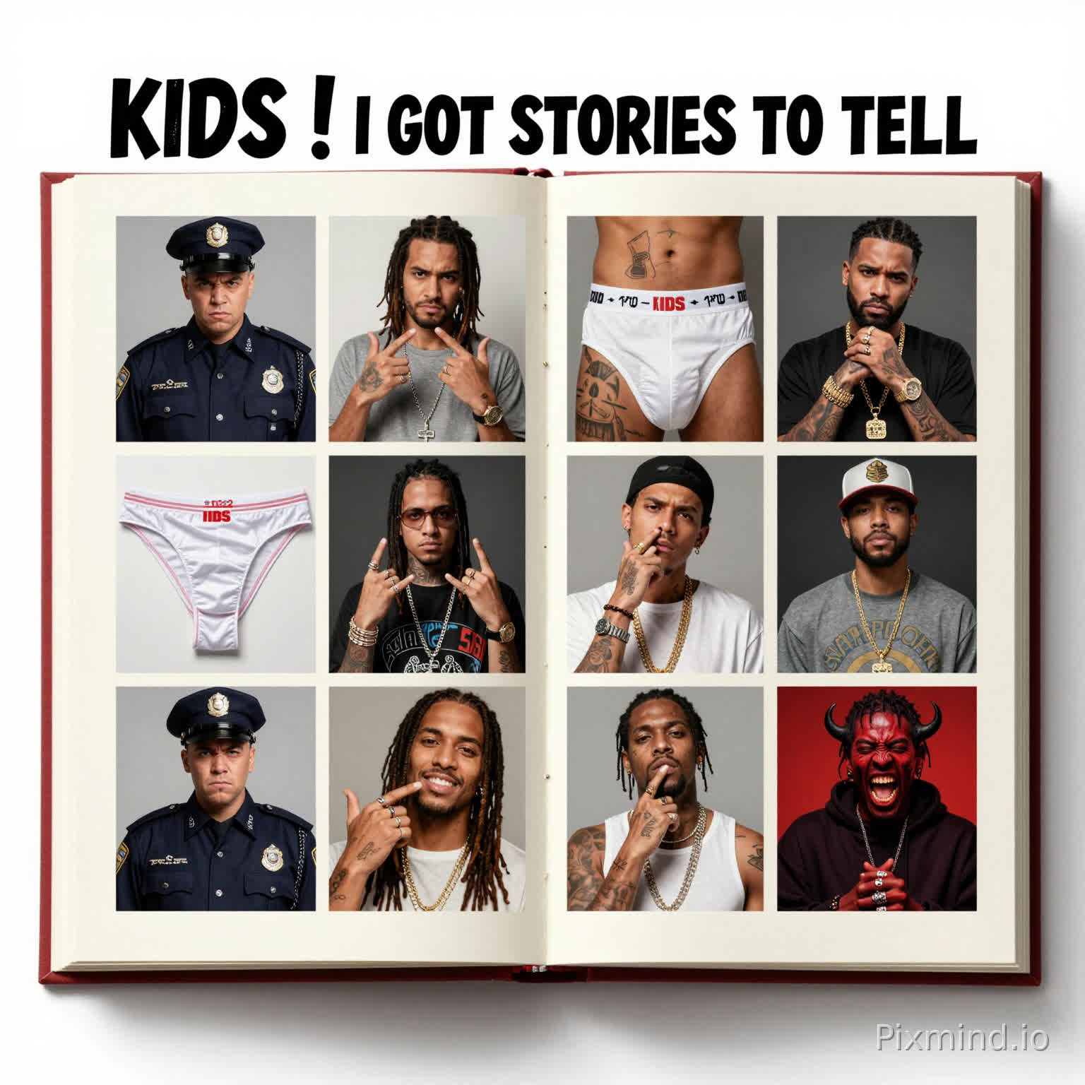 i want a rap album cover called KIDS ! I GOT STORIES TO TELL its 5 tracks every track tale a tales i want open big book that have many pictures like a angry policeman and underwears and pills and a mic and demon and cigarettes inspiration like slim shady eminem