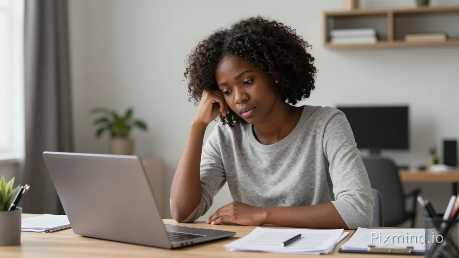 African woman in her late 20s, sitting at a desk with laptop and papers, looking focused and slightly tired, modern apartment office, soft morning sunlight, realistic cinematic style, subtle emotional expression