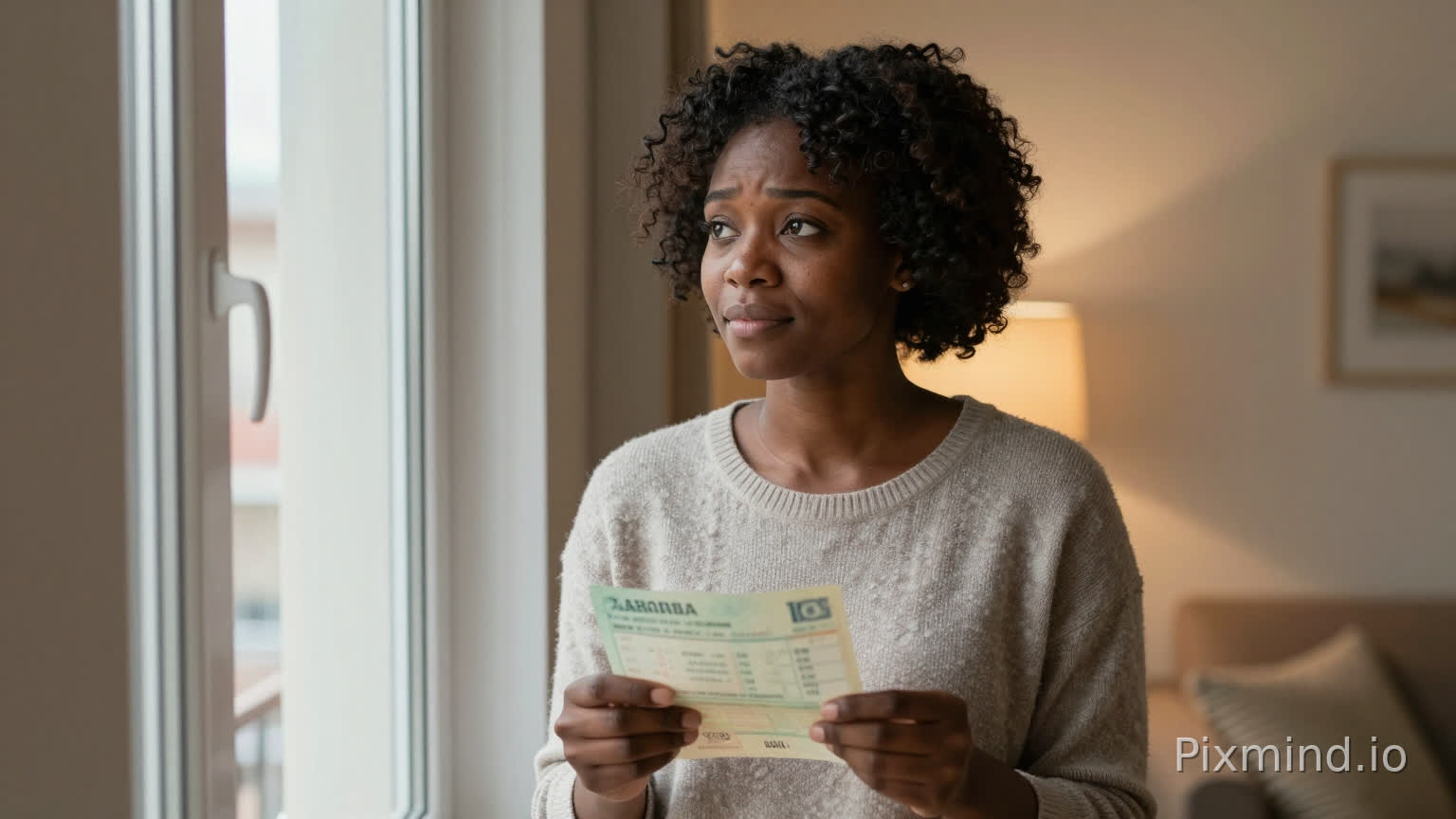 African woman gazing thoughtfully out of a window, holding salary slip, hopeful expression, cozy living room, warm ambient light, realistic cinematic style, emotional storytelling