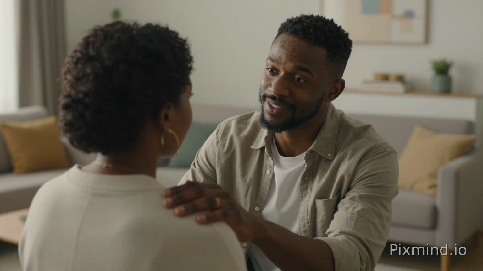 African man in his 30s, smiling gently, placing hand on his wife's shoulder, modern living room background, warm lighting, cinematic composition, realistic style, reassuring atmosphere