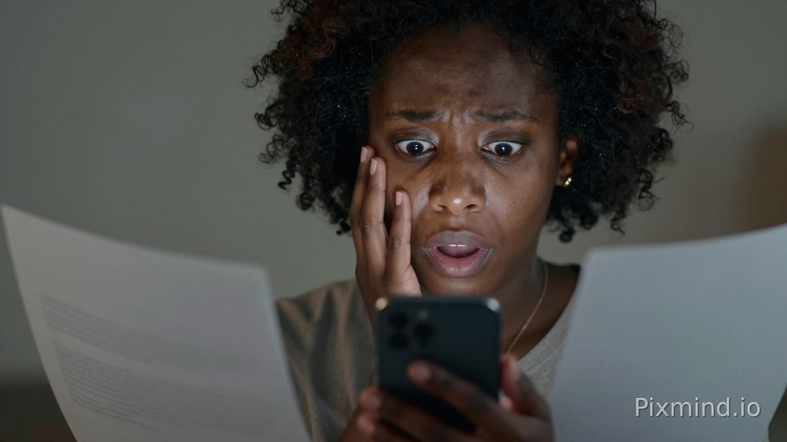 Close-up of African woman’s face in shock while holding a smartphone, papers around her, cinematic shadows, high-detail realistic style, emotional tension, moody lighting