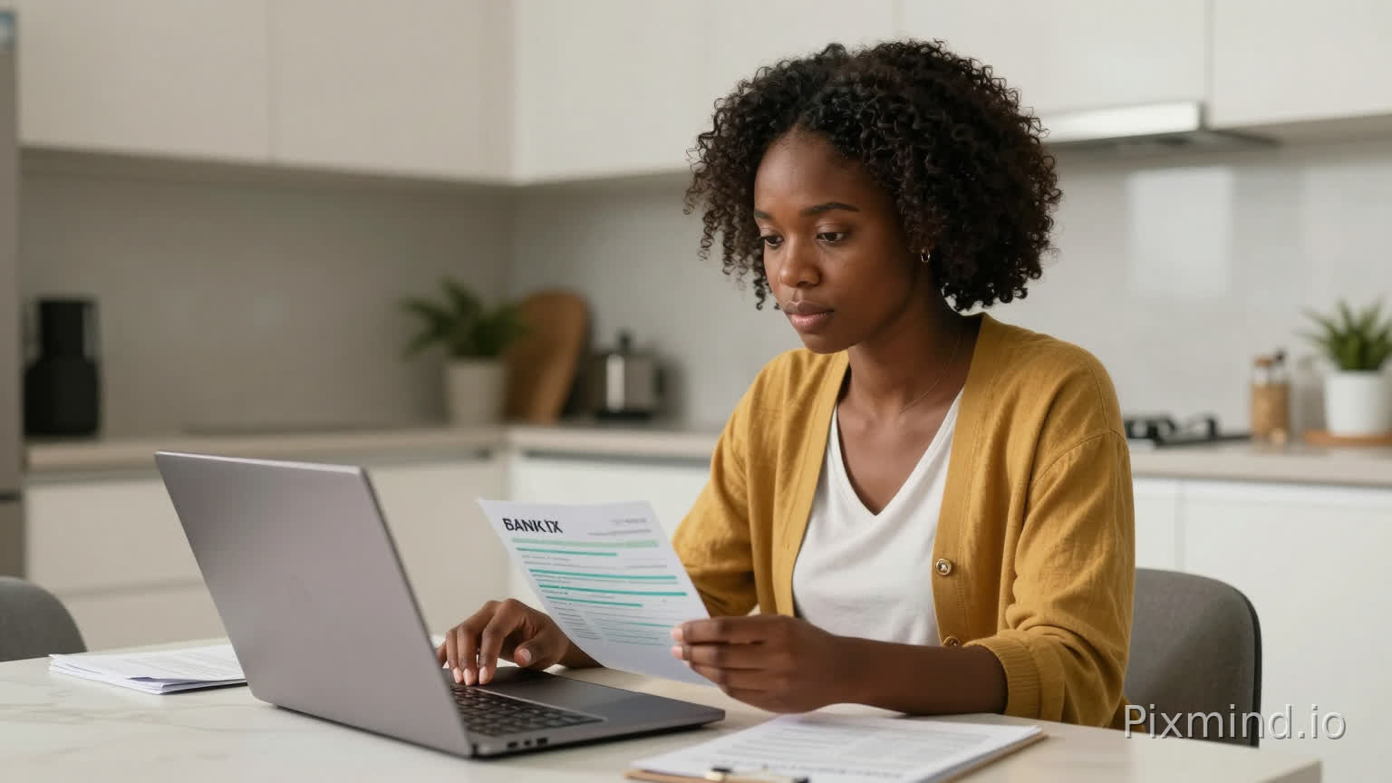 African woman in her late 20s, sitting at a modern kitchen table with laptop and bank statement, typing and depositing money online, calm focused expression, warm morning light, realistic cinematic style, emotional storytelling