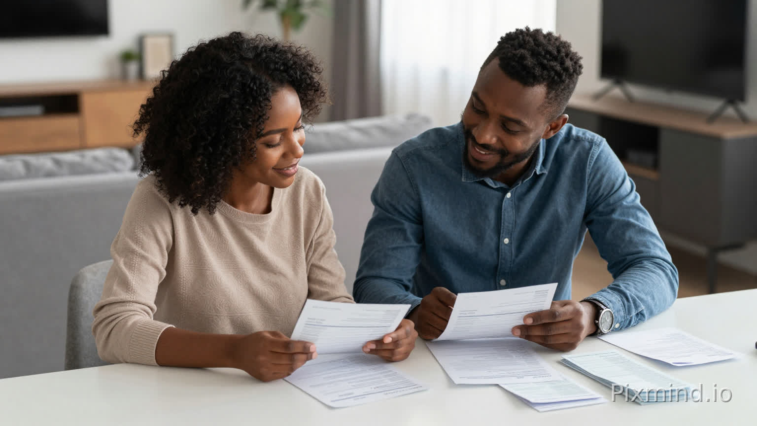 African couple sitting together at a table with paid bills and receipts neatly organized, relaxed and content expressions, modern living room, soft daylight, cinematic angle, realistic style, everyday life atmosphere