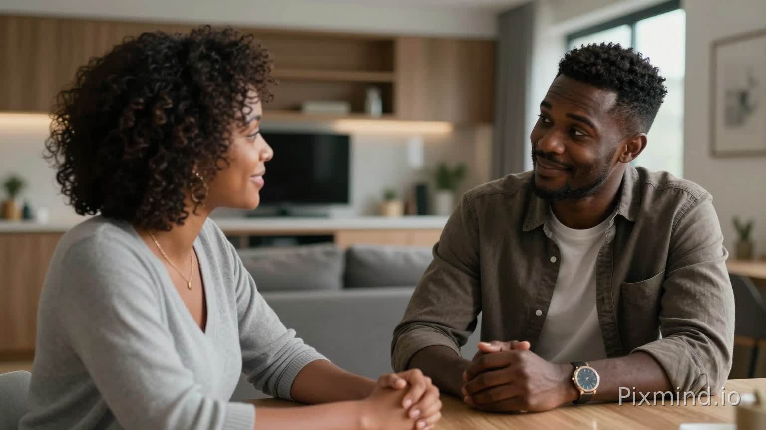 African woman smiling gently at her husband across the table, husband looking confident and reassuring, modern apartment background, warm cinematic lighting, realistic style, emotional connection visible