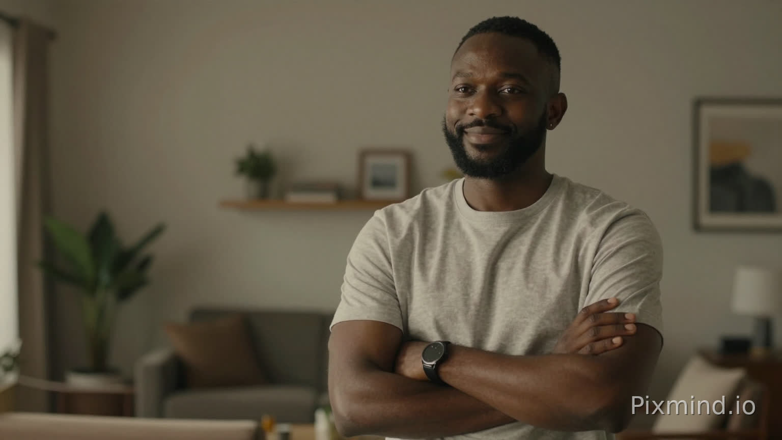 African man standing with arms crossed, smiling confidently, living room background, cinematic composition, warm tones, realistic style, sense of trust and calm
