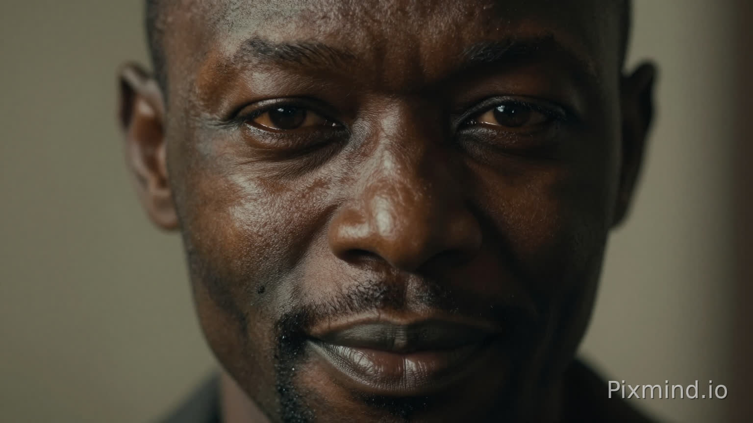 Close-up of African man’s face with a subtle shadow, half-smile hiding secrets, background slightly blurred, cinematic dramatic lighting, realistic style, tension and mystery atmosphere