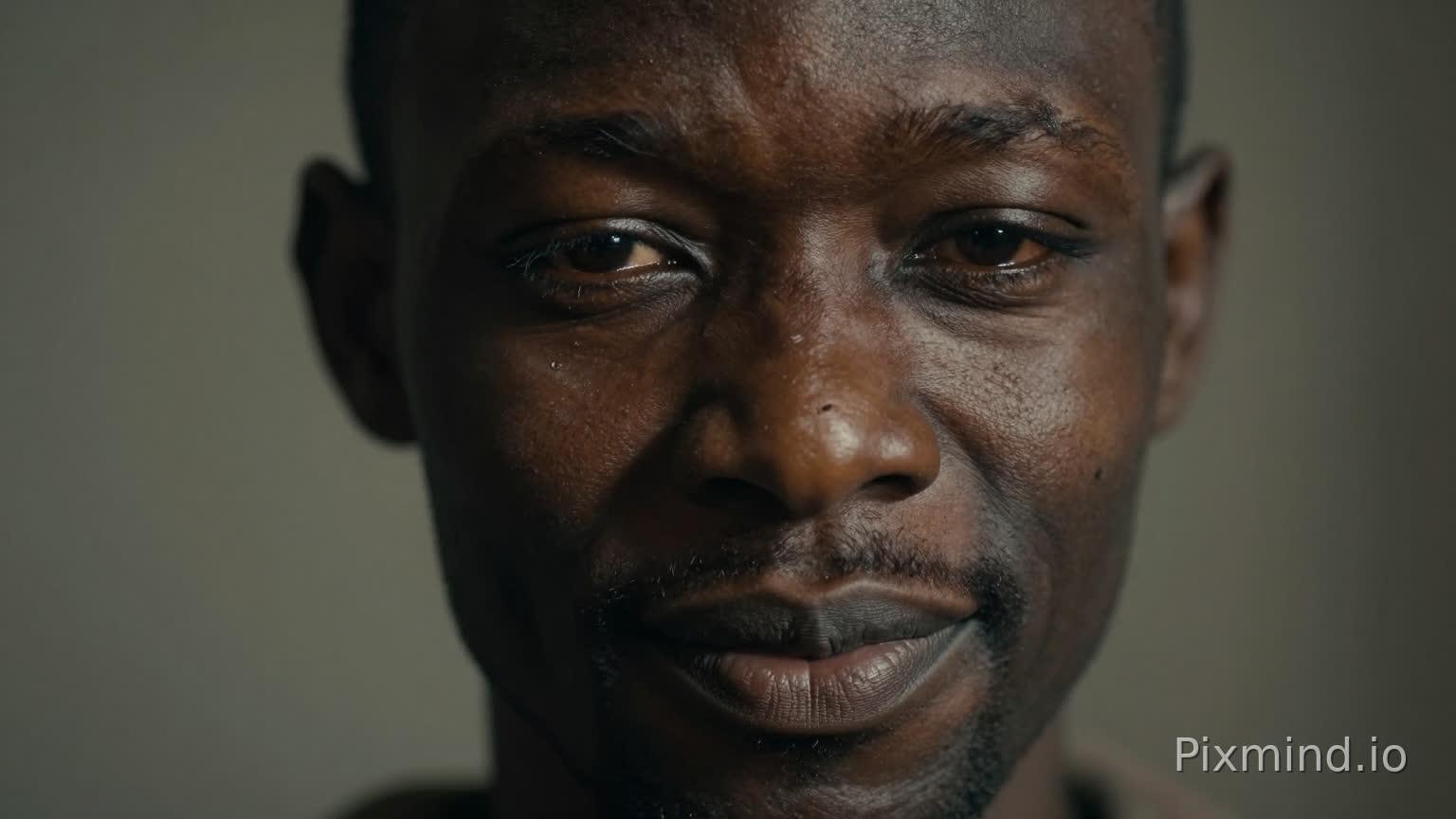 Close-up of African man’s face with a subtle shadow, half-smile hiding secrets, background slightly blurred, cinematic dramatic lighting, realistic style, tension and mystery atmosphere