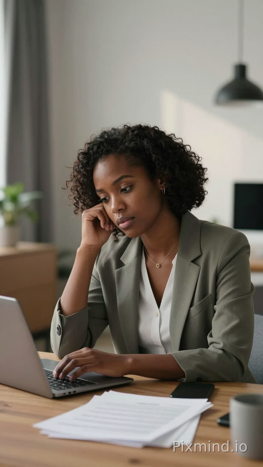 African woman in her late 20s, sitting at a desk with laptop and papers, looking focused and slightly tired, modern apartment office, soft morning sunlight, realistic cinematic style, subtle emotional expression