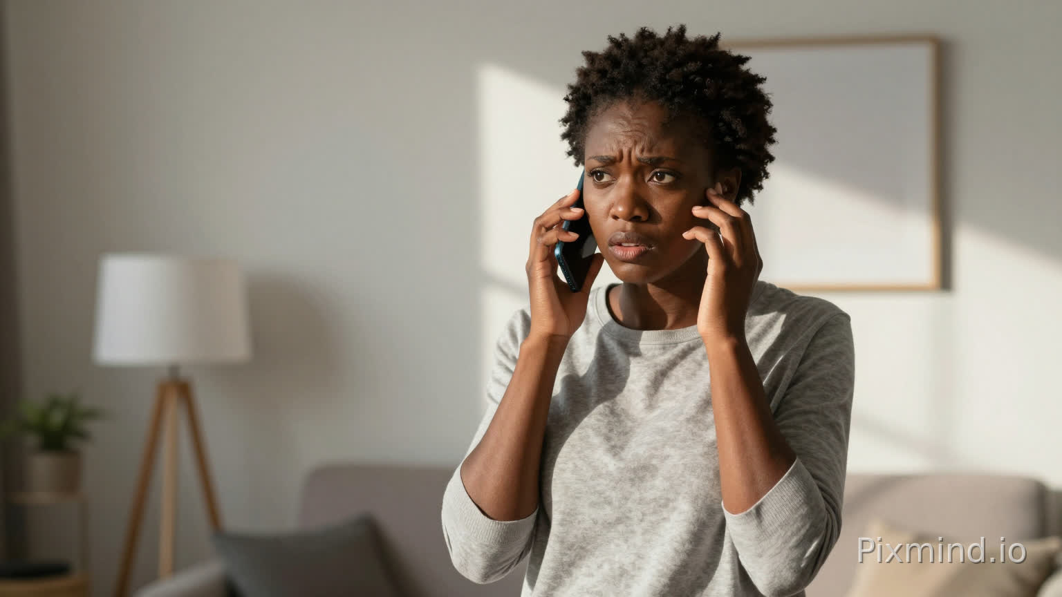 African woman in her late 20s holding smartphone to her ear, confused expression, standing in a modern living room, soft daylight turning into dramatic shadow, realistic cinematic style, emotional tension
