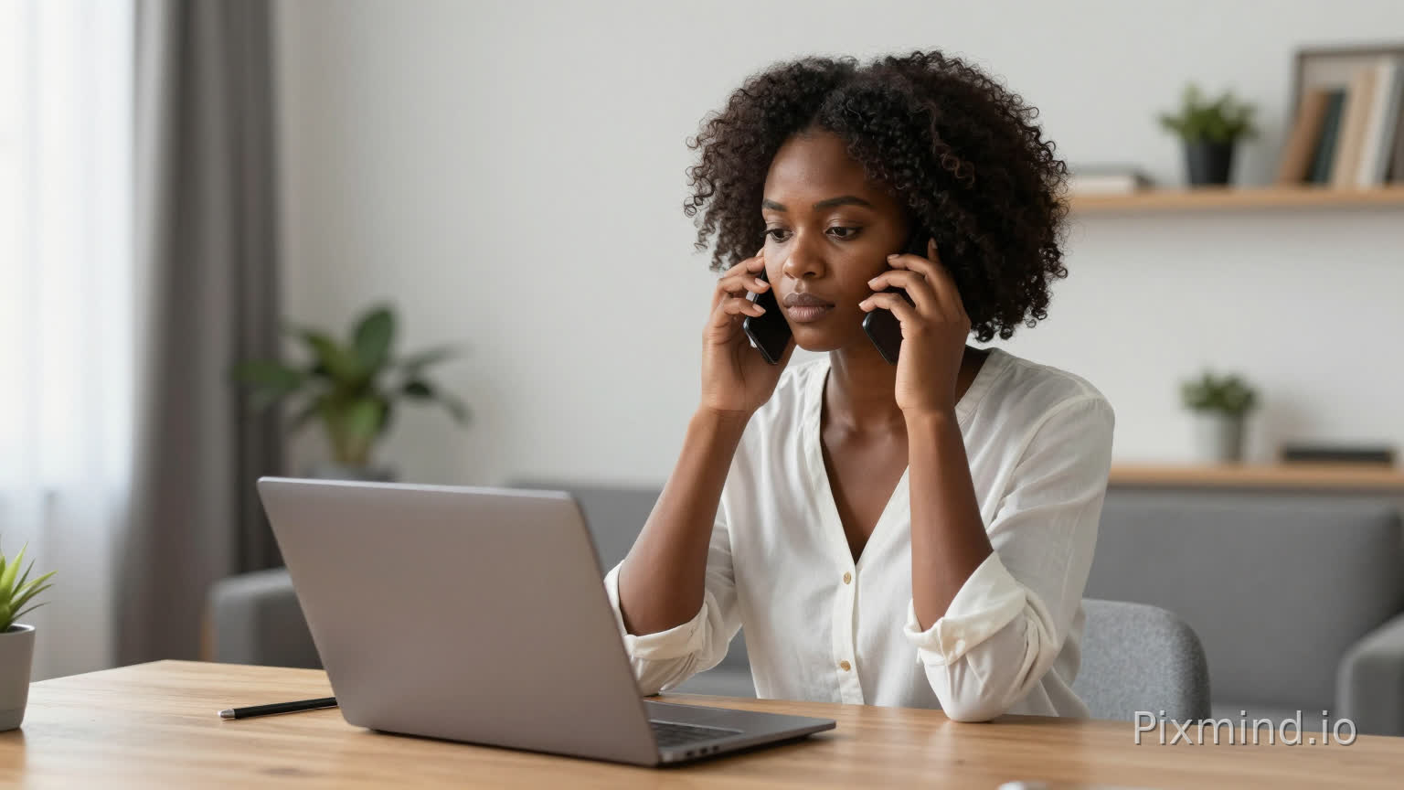 African woman sitting calmly at a table with laptop open, answering phone with neutral expression, modern apartment background, natural light, realistic cinematic style
