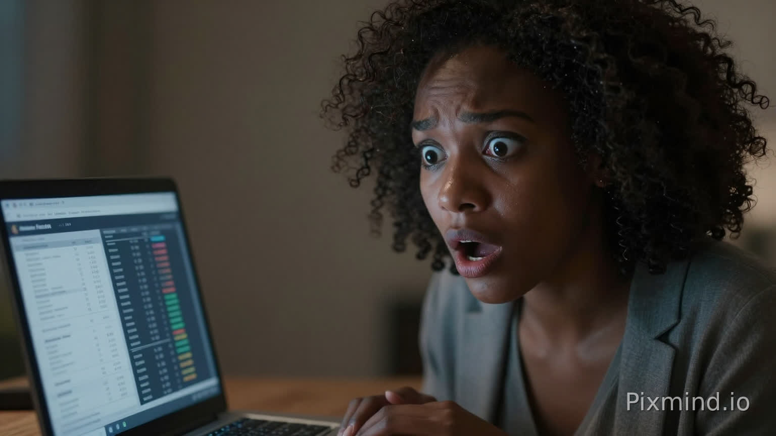 African woman staring in shock at laptop screen showing financial information, eyes wide open, mouth slightly open, dramatic lighting, cinematic angle, realistic style, tense atmosphere