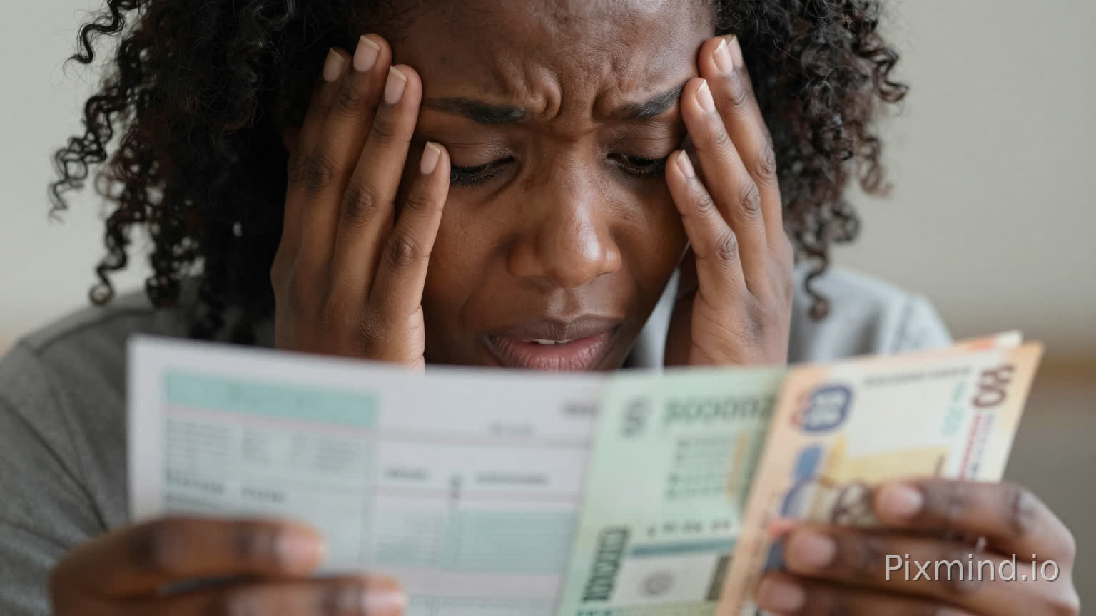 Close-up of African woman looking at printed bank statements and bills, hands shaking slightly, cinematic shadows, high detail realistic style, emotional panic