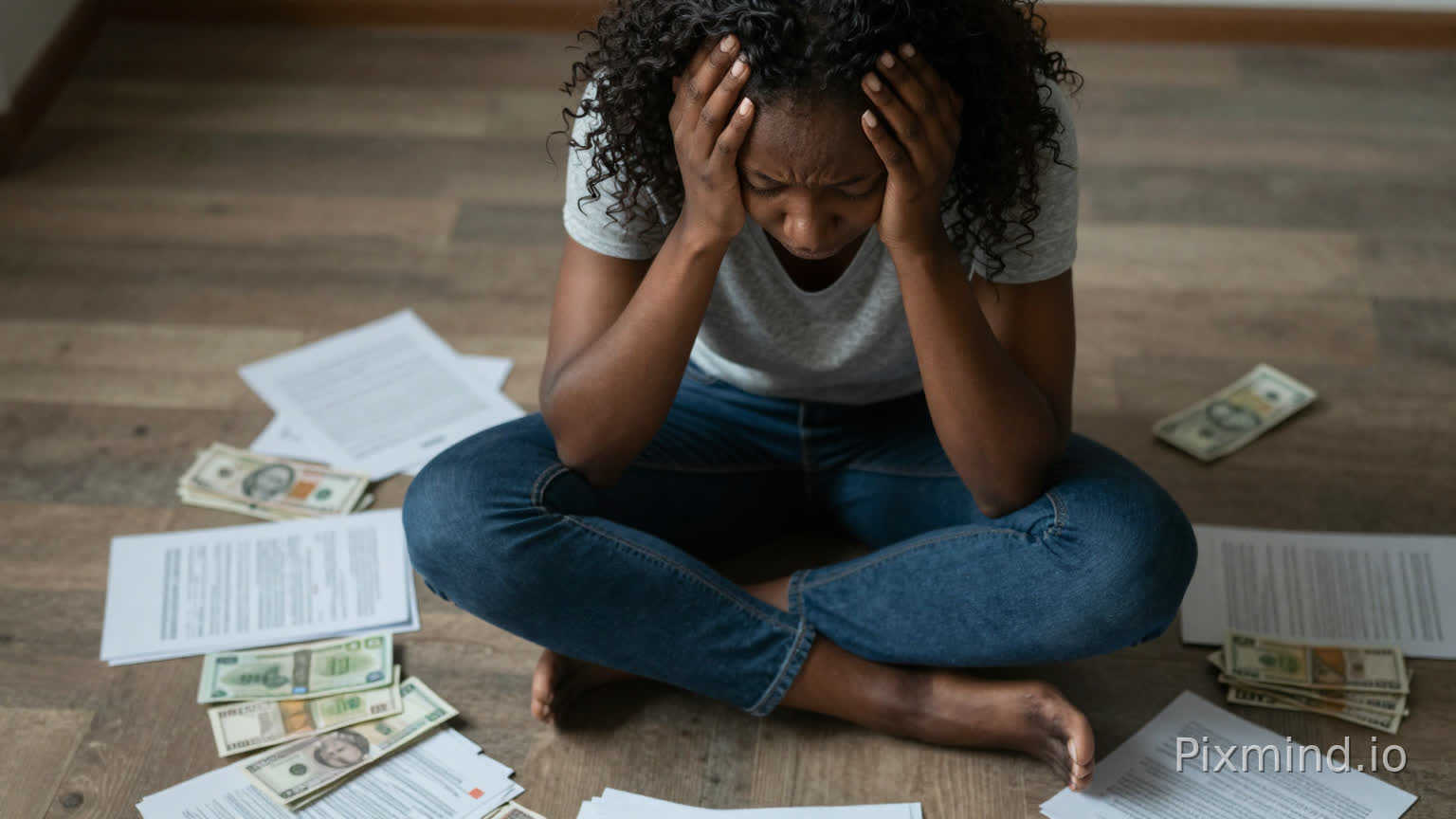 African woman sitting alone on the floor surrounded by bills and financial documents, holding her head in disbelief, moody lighting, cinematic composition, realistic emotional style