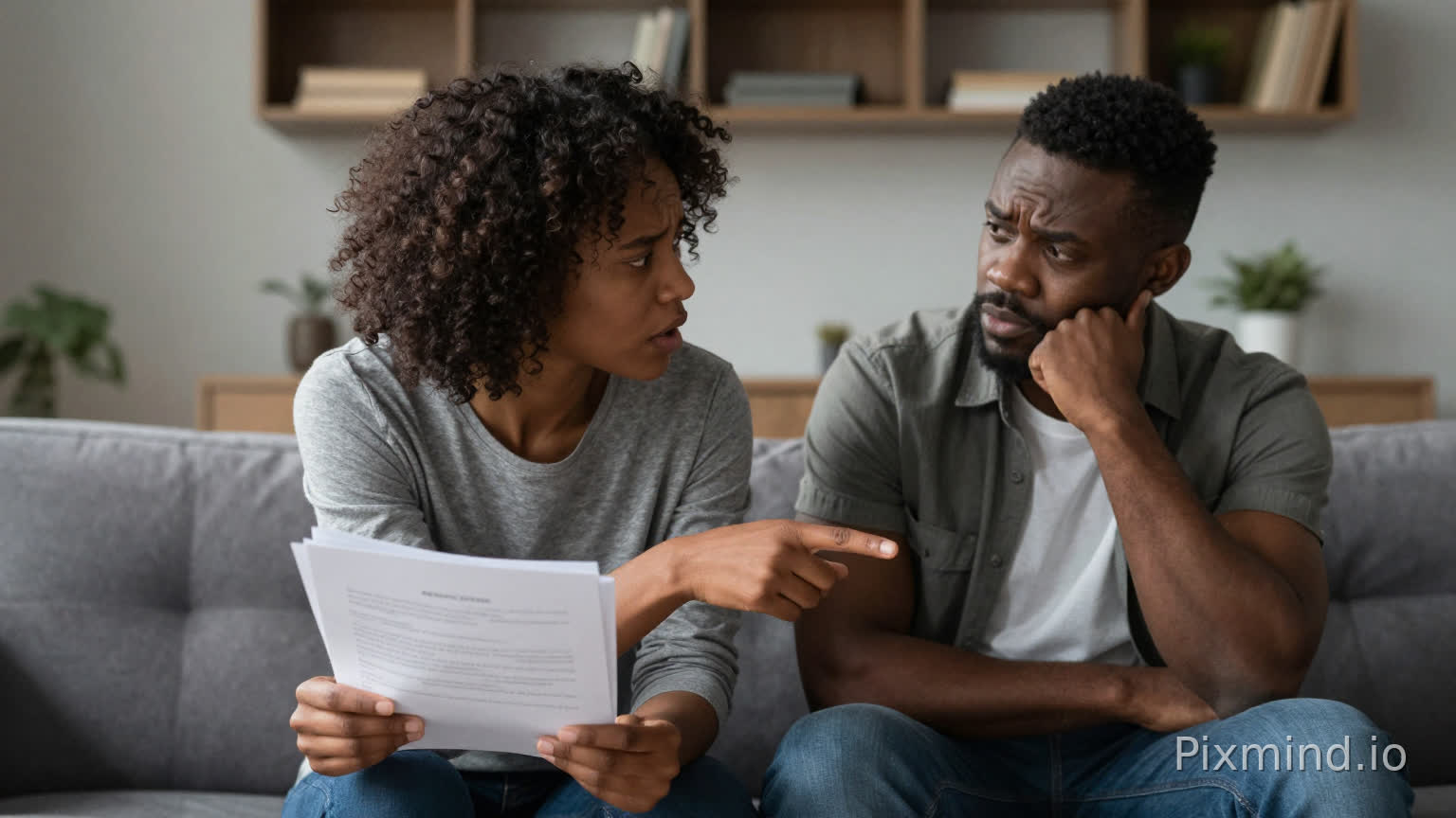 African couple arguing in a modern living room, woman pointing at documents while man looks defensive, tense body language, dramatic cinematic lighting, realistic style, emotional conflict