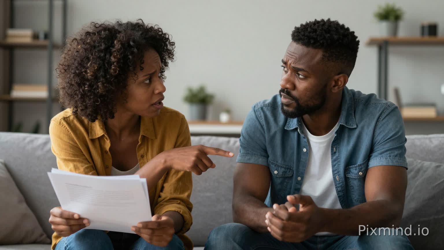 African couple arguing in a modern living room, woman pointing at documents while man looks defensive, tense body language, dramatic cinematic lighting, realistic style, emotional conflict