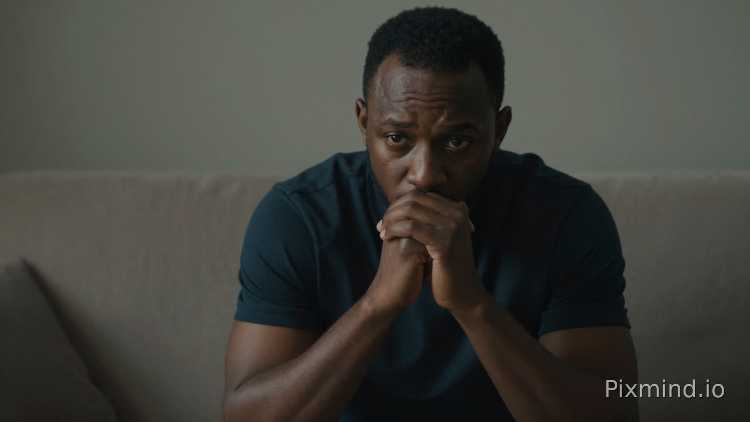 African man sitting on a sofa looking nervous and avoiding eye contact, hands clasped together, dim lighting, cinematic composition, realistic emotional style