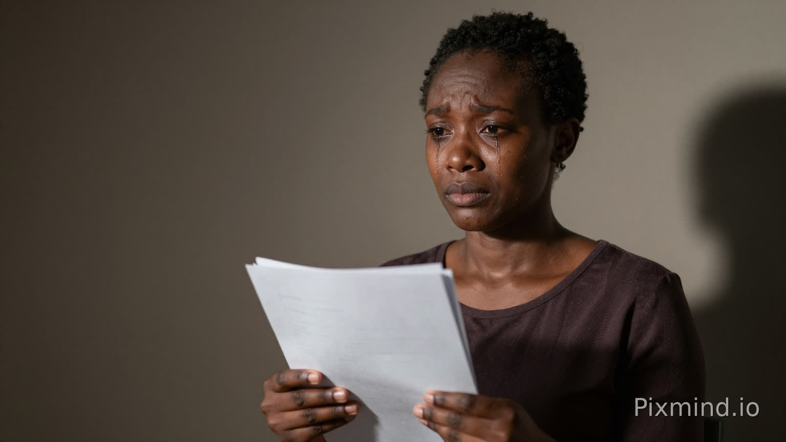 African woman standing still with tears in her eyes, holding financial papers, dramatic shadows on her face, realistic cinematic style, emotional pain and betrayal
