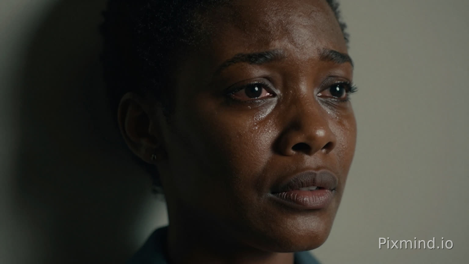 Close-up of African woman with tearful eyes looking away, shadowed background, moody cinematic lighting, realistic high detail, strong emotional tension
