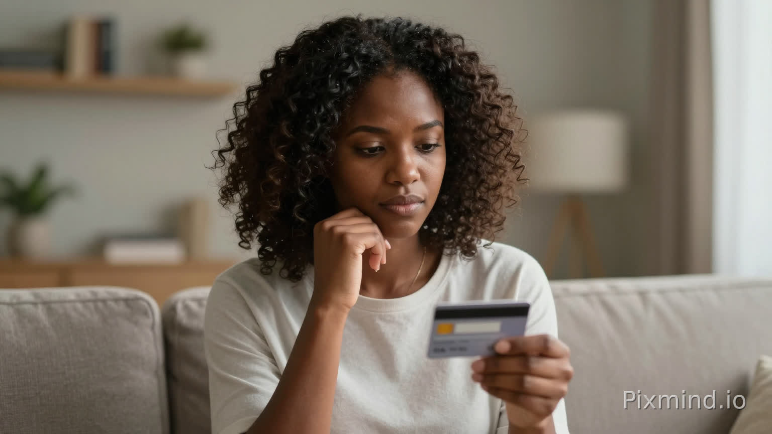 African woman holding a bank card and looking at it thoughtfully, modern living room background, warm soft light, cinematic composition, realistic storytelling style