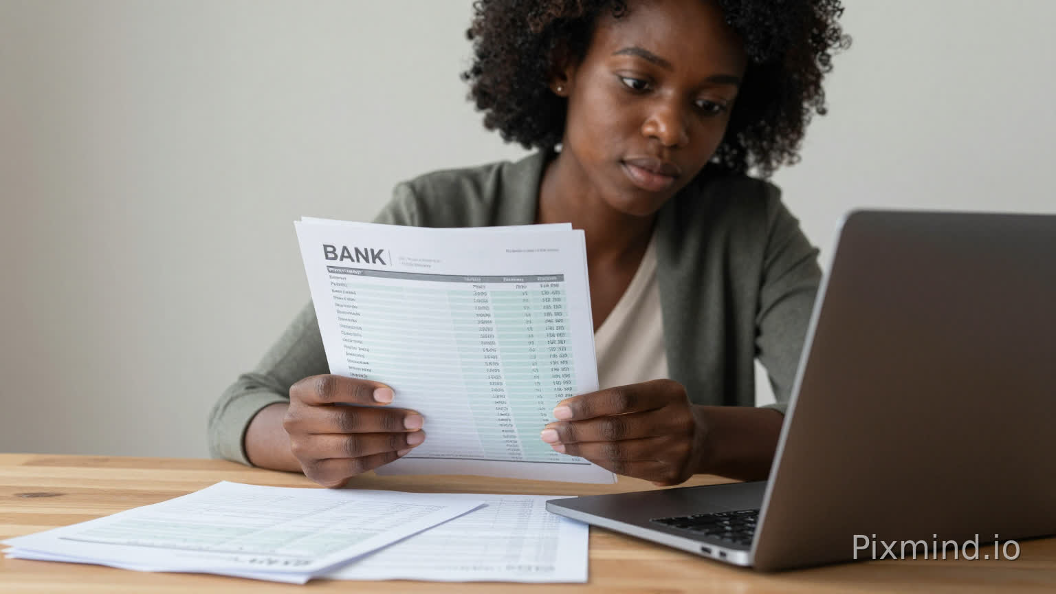 African woman using a laptop to review bank statements, focused expression, organized papers on the table, natural lighting, realistic cinematic style