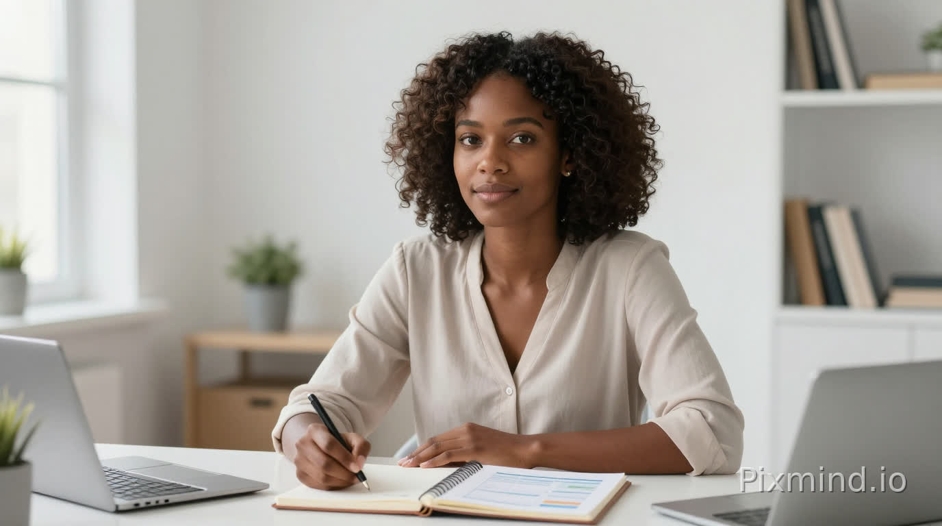 African woman sitting confidently at a clean desk with notebook and financial planner, calm and empowered expression, bright natural light, realistic cinematic style