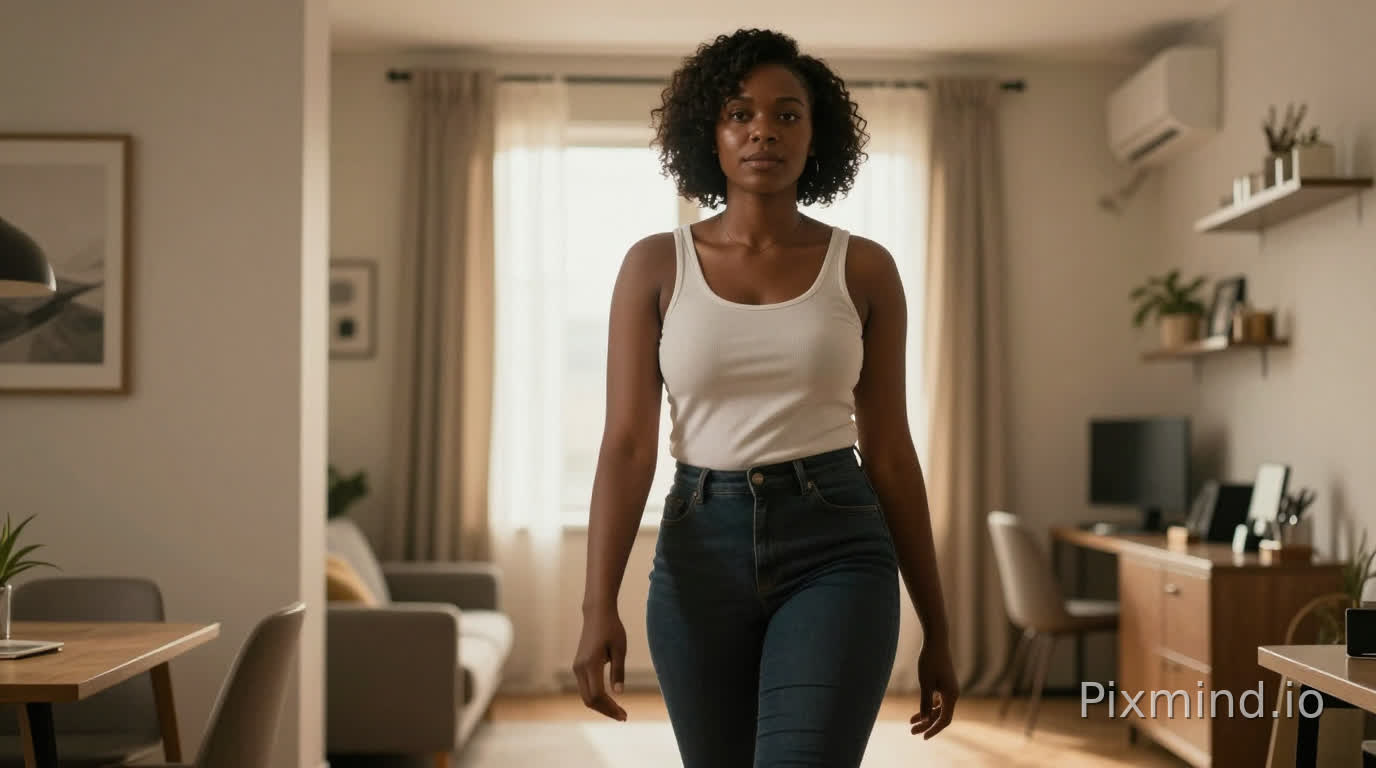 African woman walking forward with confident posture in a modern apartment, warm light behind her, cinematic composition, realistic inspirational mood