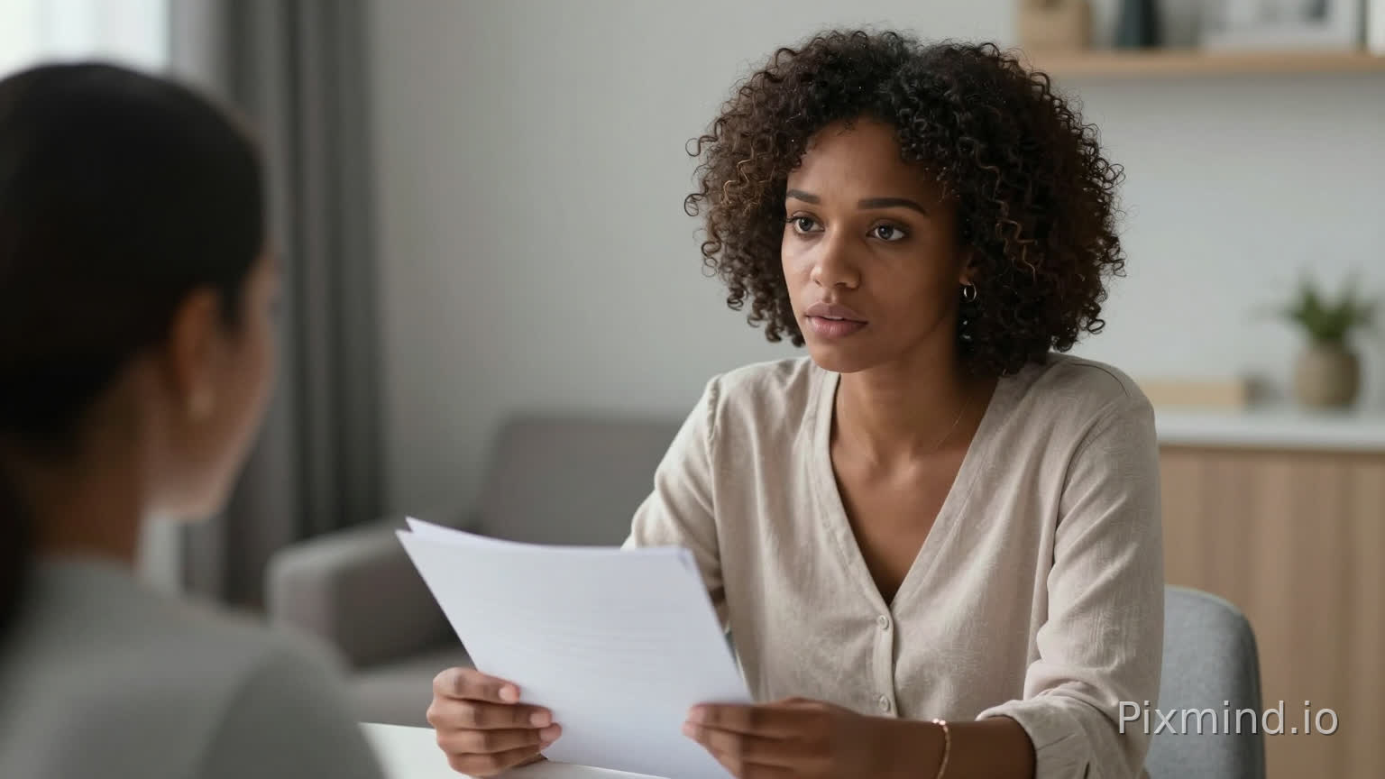 African woman sitting with a friend or family member at a table, talking seriously while holding documents, soft lighting, modern apartment setting, realistic cinematic style