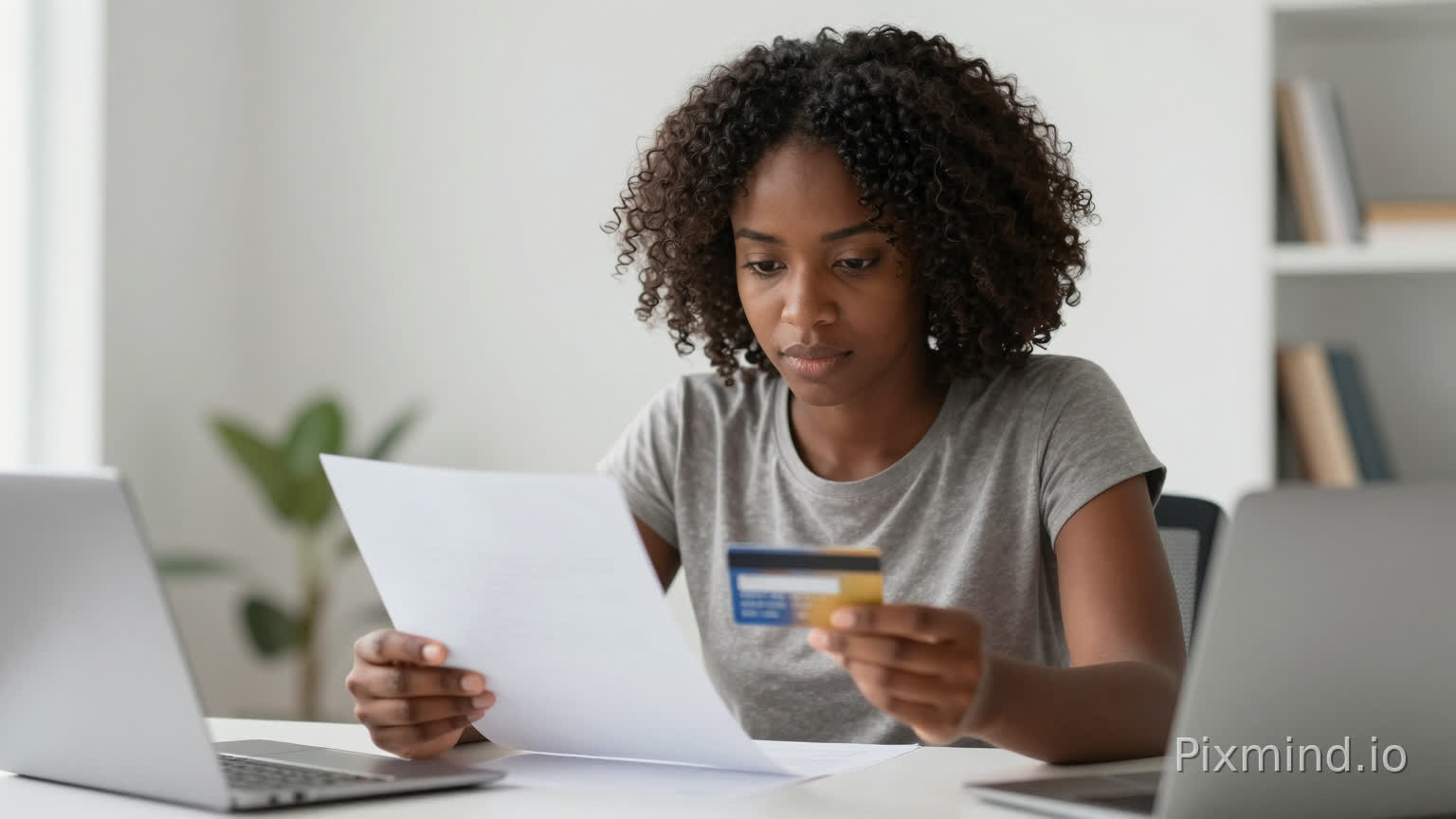 African woman holding a credit card and reviewing documents carefully, focused expression, clean desk setup, natural daylight, cinematic realistic style