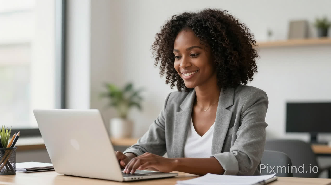 African woman looking confident and smiling slightly while using a laptop, bright lighting, modern workspace, realistic cinematic style, hopeful atmosphere