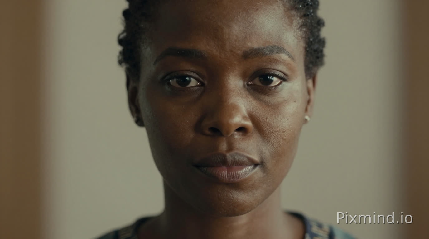 Close-up of African woman with calm determined expression, soft light illuminating her face, blurred background, cinematic composition, realistic inspirational tone