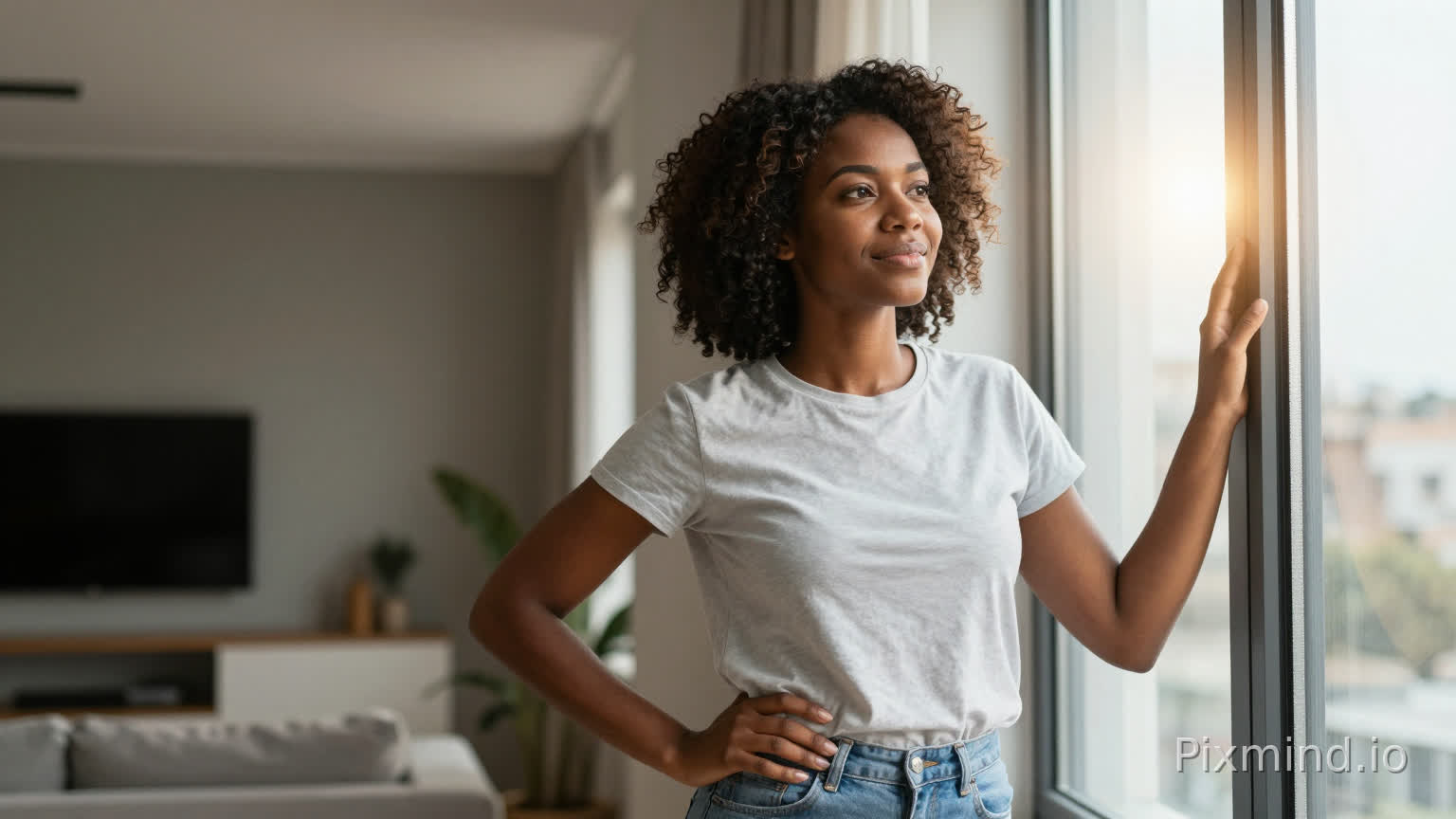 African woman standing by a window with sunlight behind her, confident posture, modern apartment background, cinematic lighting, realistic style, uplifting emotional mood