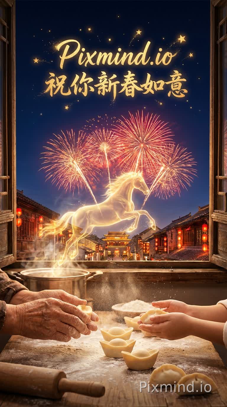 电影级画质,8K超清,春节氛围感。
【第一幕:温馨包饺子】 镜头特写一双布满岁月痕迹的长辈的手和一双年轻的手,正在木质餐桌前默契地包饺子,白色的面粉在暖黄色的灯光下轻盈飞舞,饺子被捏成精致的元宝形状,热气腾腾。
【第二幕:创意转场】 锅中升起的白汽在空中翻滚,奇迹般地幻化成一匹半透明的金光骏马。骏马长啸一声,穿过窗户奔向深蓝色的夜空。
【第三幕:震撼烟花】 随着骏马在空中奔腾,脚下每踏一步便炸裂开一朵巨大的红金双色烟花。镜头拉开,展现灯火通明的古镇,天空中烟花交织成万马奔腾的壮丽景观,照亮了整个夜空。
【第四幕:品牌结尾】 镜头平滑上移至繁星闪烁的天空,无数金色光点汇聚,最终在屏幕中央形成优雅灵动的大字:“Pixmind.io 祝你新春如意”。整体色调喜庆、高贵,充满东方美学和春节的温情。