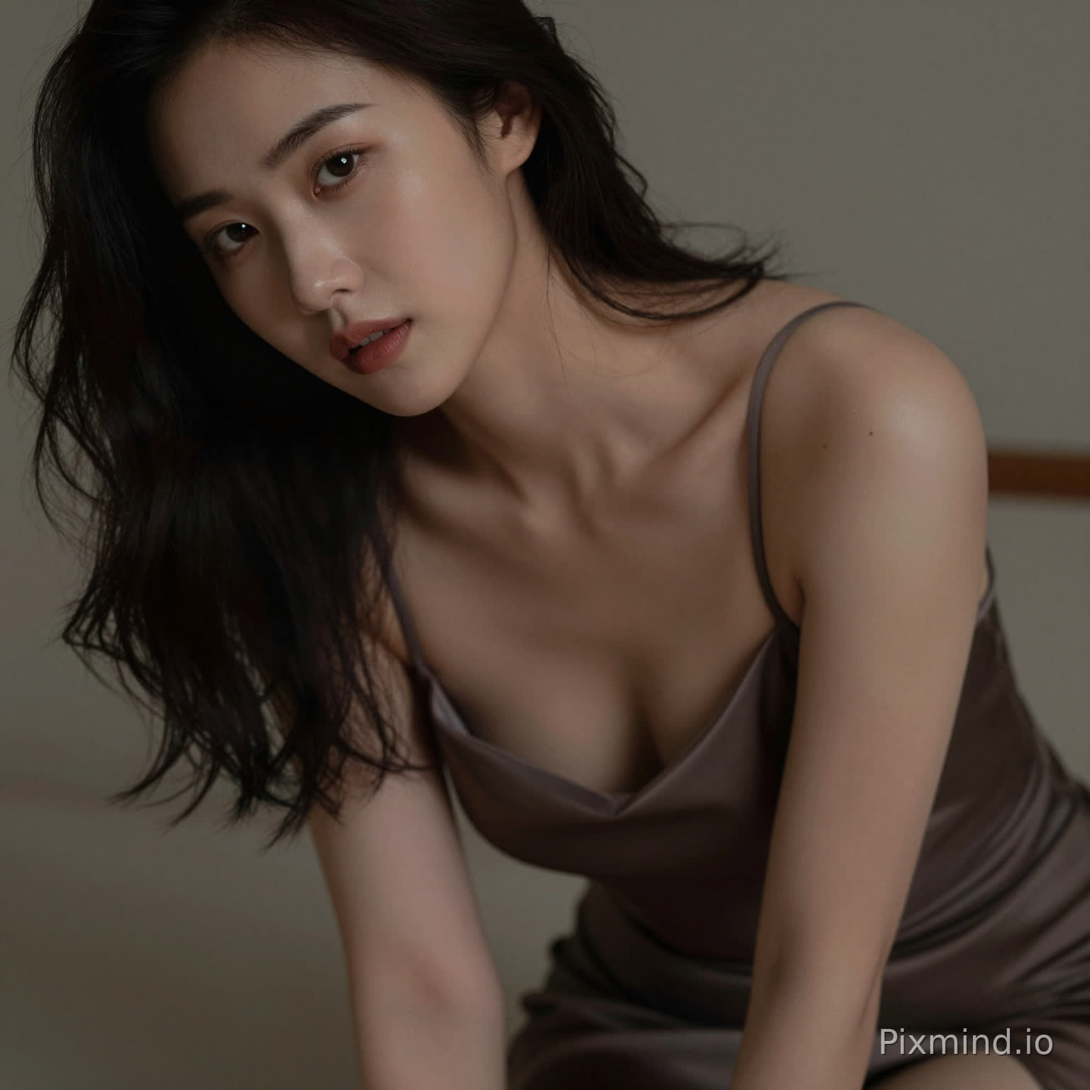 A sensual woman leaning slightly forward, deep neckline dress, subtle cleavage, inviting gaze, soft focus background, intimate framing, realistic skin highlights, moody lighting, editorial sensual photography
