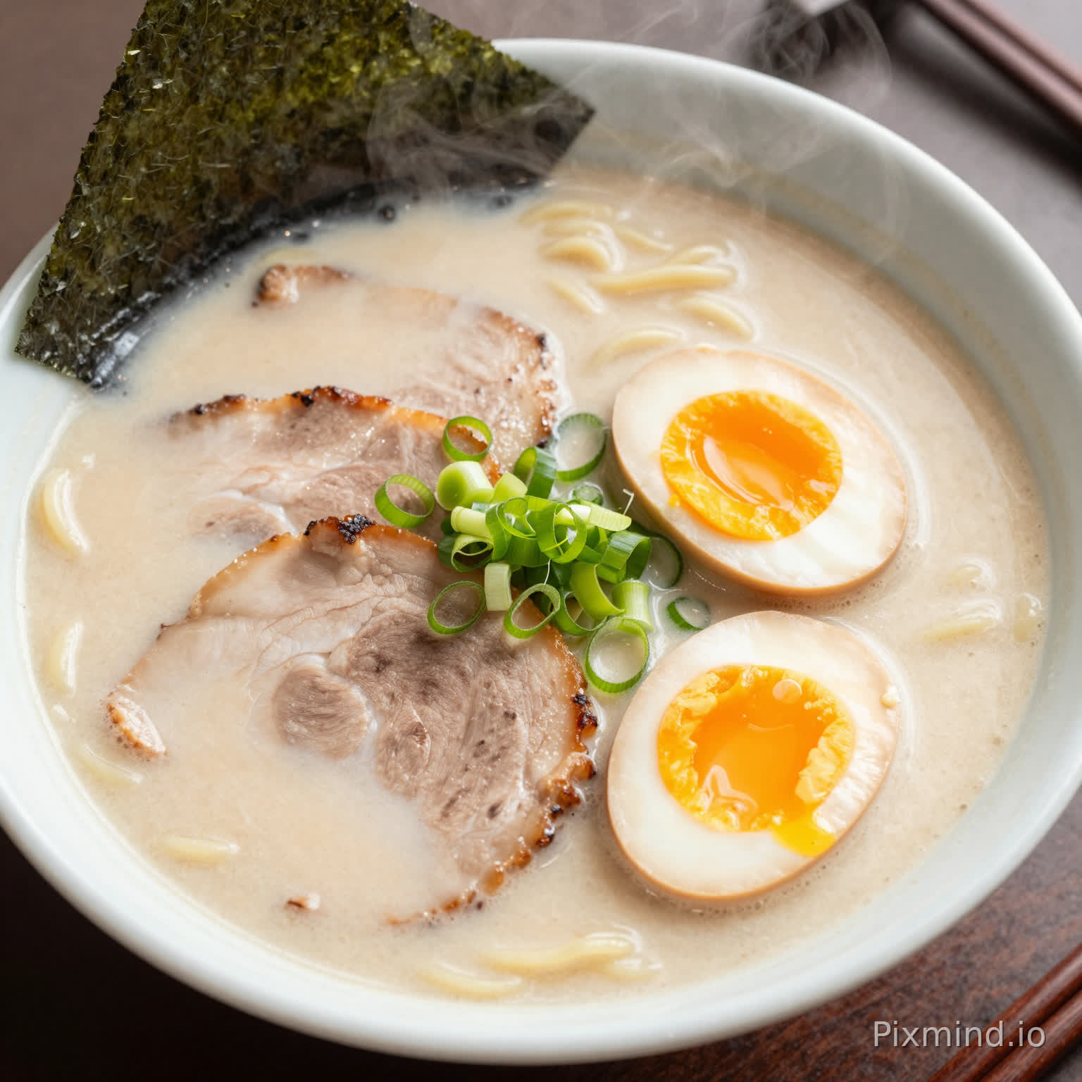 A top-down view of a steaming hot bowl of Tonkotsu ramen. The broth is rich and creamy white, topped with slices of tender chashu pork with glistening fat, a perfect soft-boiled egg with a runny orange yolk, fresh green onions, and nori sheets. Steam is rising from the bowl. The texture of the noodles is visible. Warm lighting, appetizing color palette, professional food photography, high fidelity.