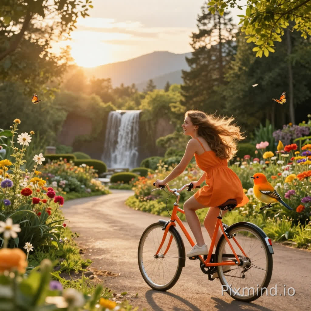 Generate me a beautiful cinematic video the time is is sun set timing with golden light of the sun and we see the flare, the place is in a beautiful forrest and garden of flowers in the background there is beautiful water fall and there are some butterflies and from the deep layer of the background there are beautiful mountains the forrest is very green and natural like and there is a BICYCLE road in the center of the frame where a beautiful young lady is riding a orange beautiful unique bicycle her hair is long and beautiful and there is an cute beautiful orange willow warbler bird on side and the girl is amazed by the beautiful orange bird and she is smiling the bird has to be onlly one and she should be fully orange